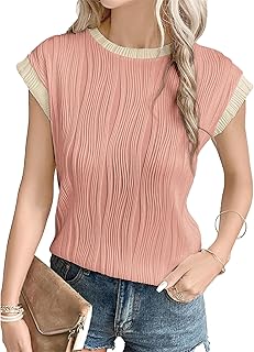 Camisa de manga corta con cuello redondo para mujer Top con textura de punto de color sólido Camisa suelta T - Camisa linda y elegante de Base