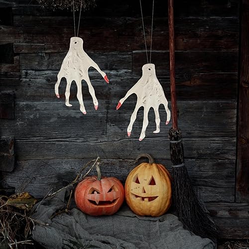 Miniatura 6 de Manos de esqueleto de bruja de Halloween, manos de esqueleto aterradoras de plástico realistas con uñas rojas, mano de bruja falsa para fiesta de