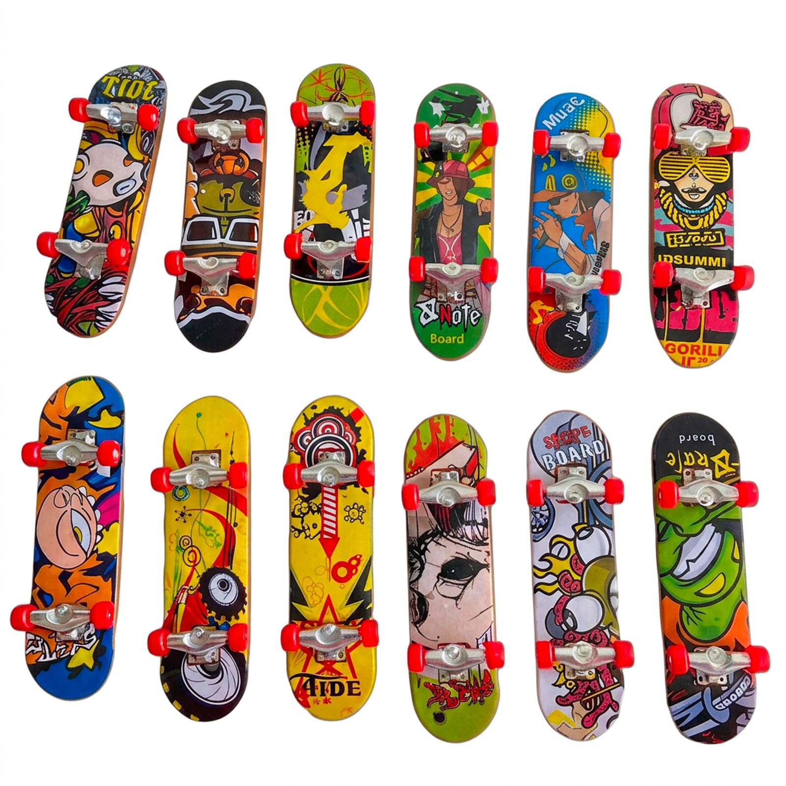 CtiUjdx 12Pcs Fingerboards, Mini Skateboard Set with Random Colour Designs, Portable Finger Skateboards for Parties and Travel Entertainment, Finger Coordination Training with White Wheels
