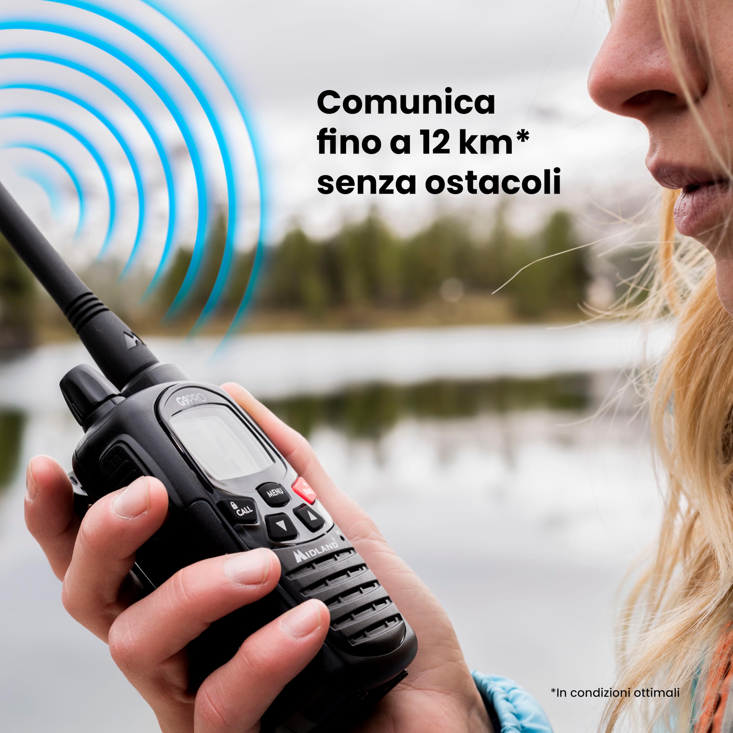 Midland - Walkie Talkie G9 PRO, Ricetrasmittenti Professionali IPX4 Waterproof per Softair e Outdoor, 101 Canali - 32 PMR446/69 LPD, Copertura 12Km, Autonomia 23H, 4 Batterie Ricaricabili e Accessori