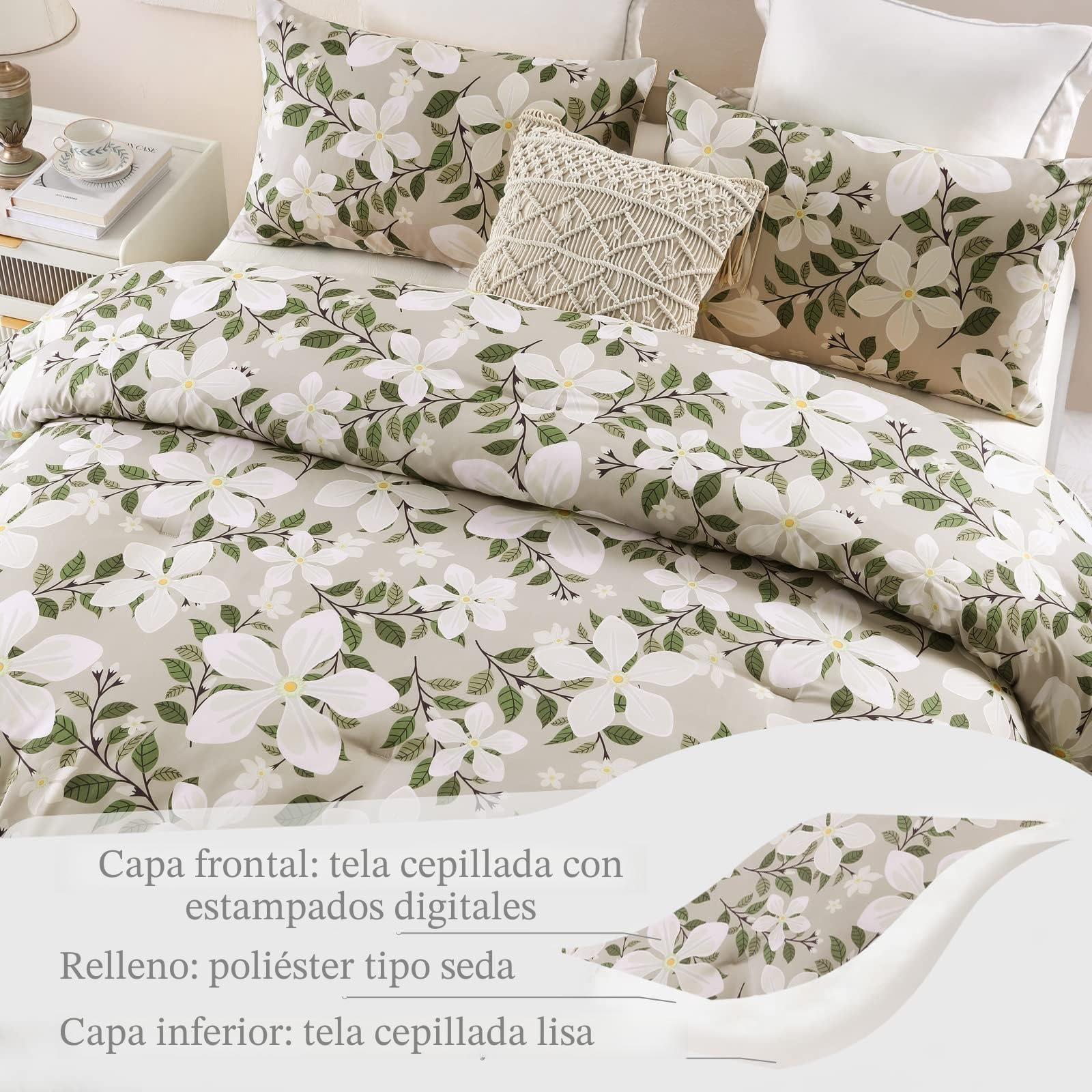 Whale Flotilla Edredón de 200 x 200 cm, Transpirable y Supersuave, para Las 4 Estaciones con 2 Fundas de Almohada, diseño de Flores Beis