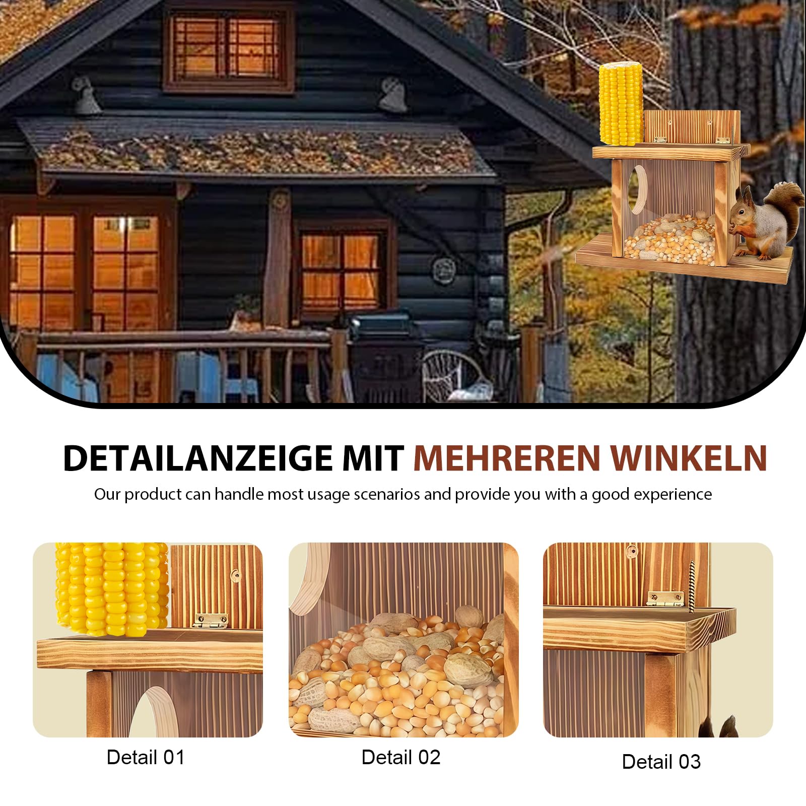 Mangeoire en bois pour écureuils - Station d'alimentation pour écureuils - Résistant aux intempéries - Avec 2 entrées et plateformes de siège - Maison pour écureuils