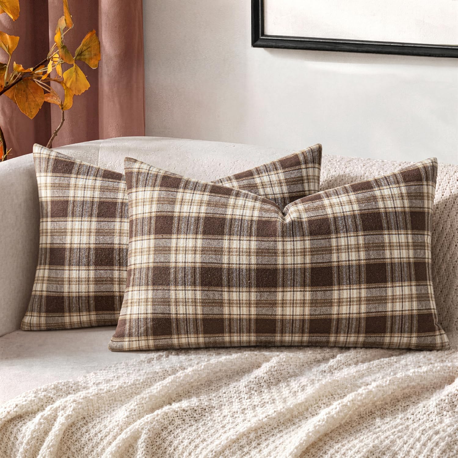MIULEE Fall Plaid Pillow Covers Scottish Tartan 12x20 Chocolate Brown | Set of 2 Fall Decorations Lumbar Cushion Covers, Farmhouse Winter Home Decor, for Thanksgiving Sofa Couch Bed Living Room