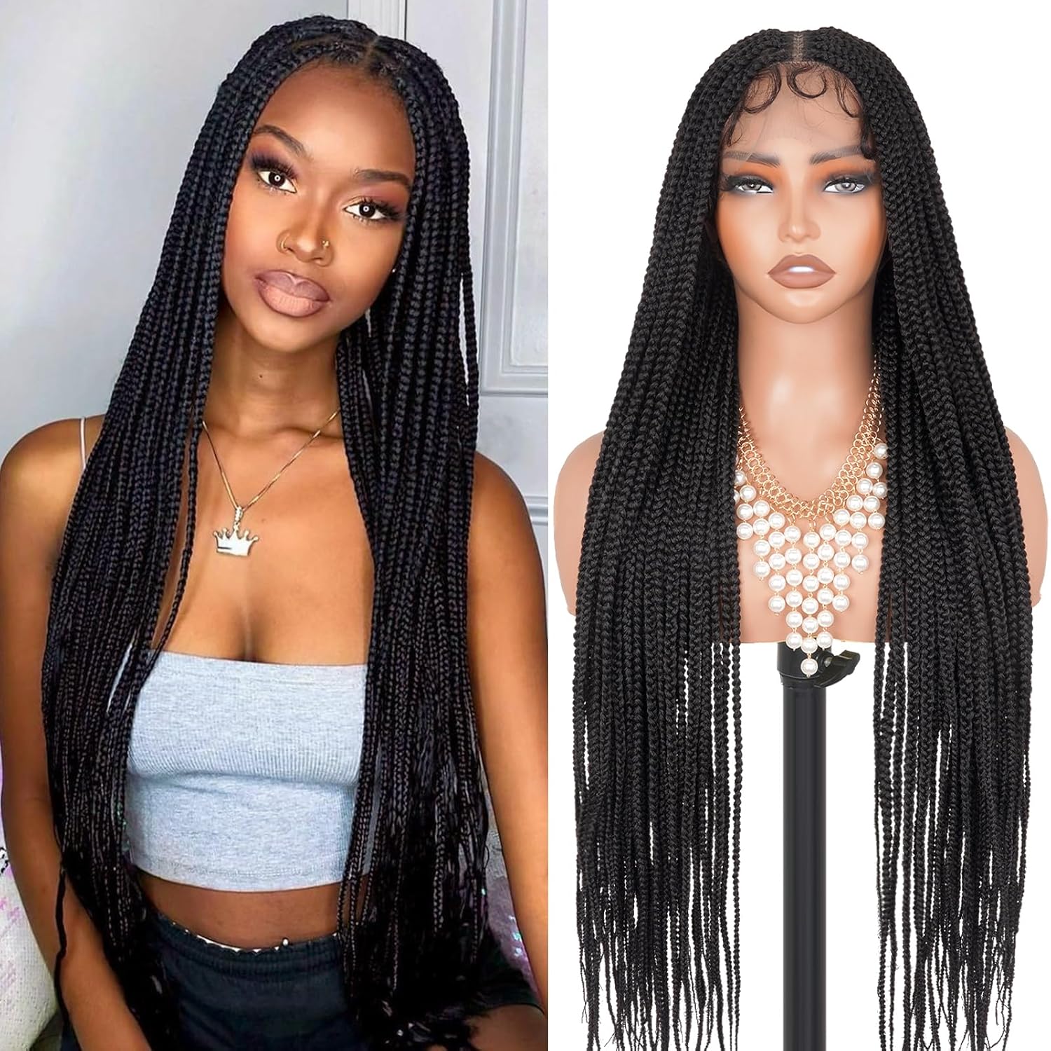 Box Braided Wig Full Double Lace Glueless Braids Wig with Baby Hair Human Hair Blended Synthetic Black Braided Wig for Black Women (1B, 30 Inch)
