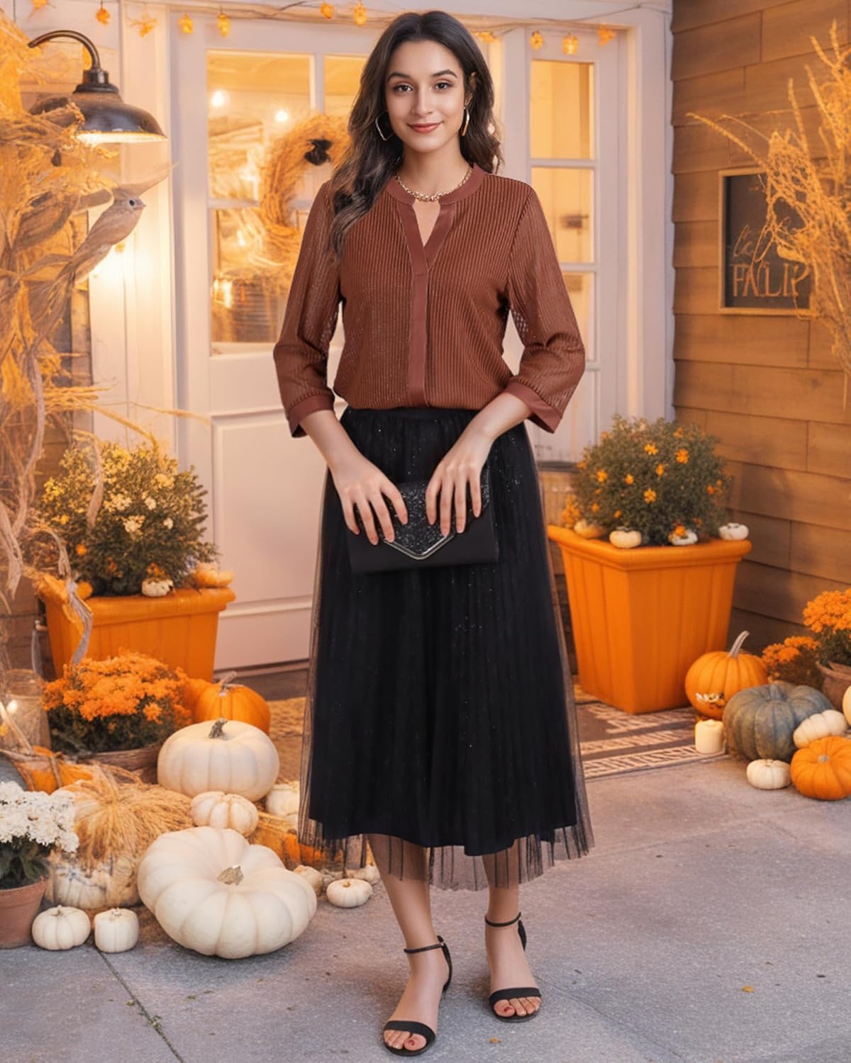 Bebonnie Women's 3/4 Sleeve Casual Notch V Neck Blouses Double Layers Mesh Tunic Tops - Image 4