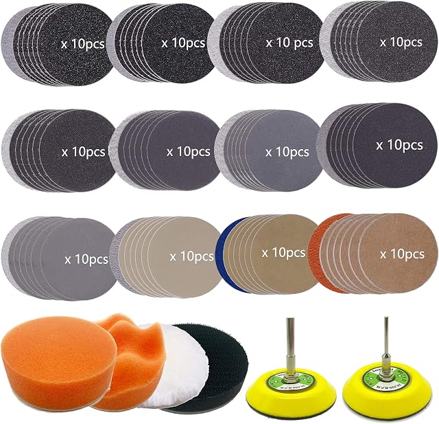 128pcs 3 Inch Sandpaper 60-10000 Grit Wet and Dry Sanding Paper with Soft Foam Buffering Pad and 1/8"&1/4" Shank Backing Pad Waxing Foam Polish Pads for Car Wood Metal Mirror Jewelry