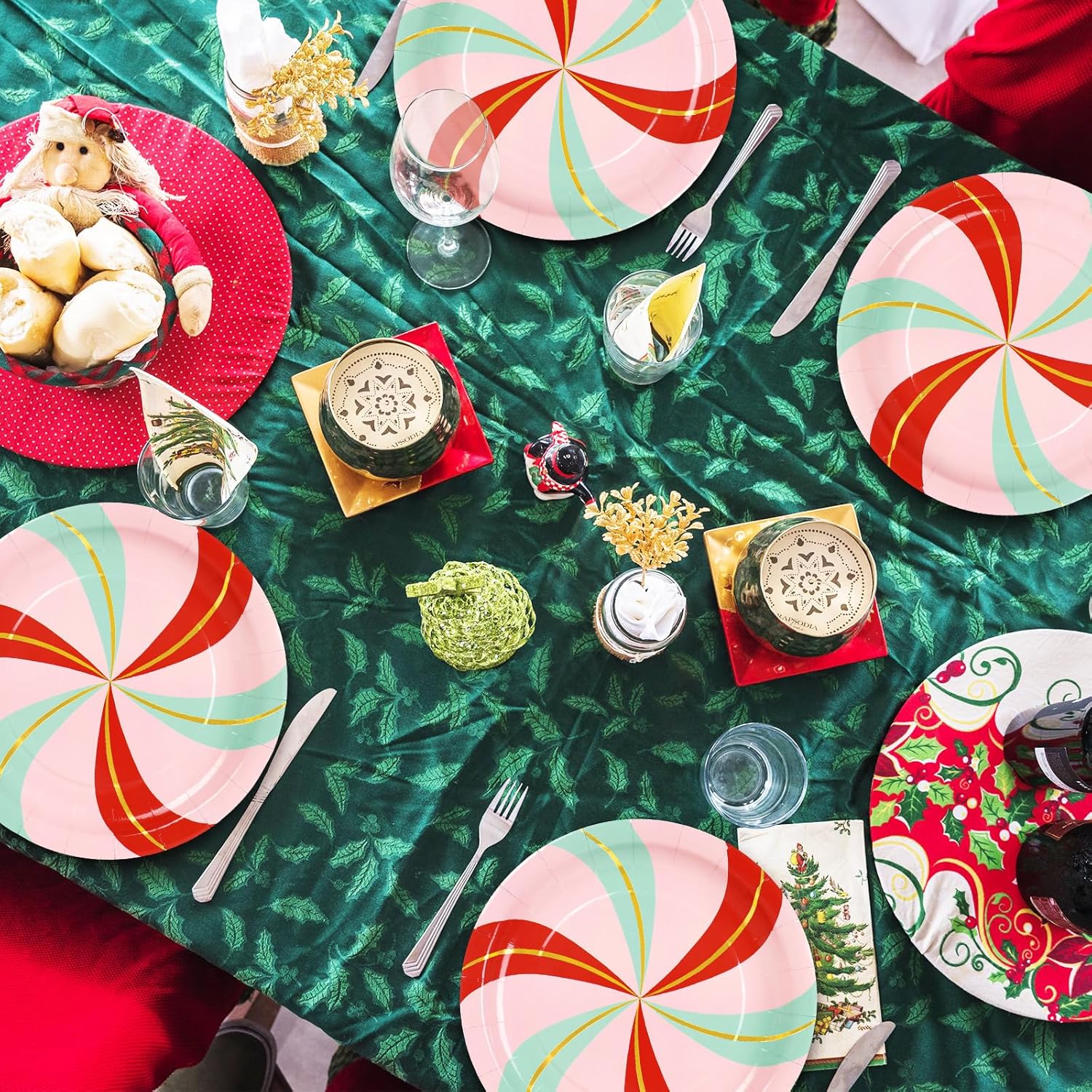 JarThenaAMCS 50Pcs Christmas Paper Plates Gold Foil Candy Cane Stripe Disposable Plates Pink Red Green Dinner Dessert Plate for Xmas Winter Party Tableware Supplies - Image 7