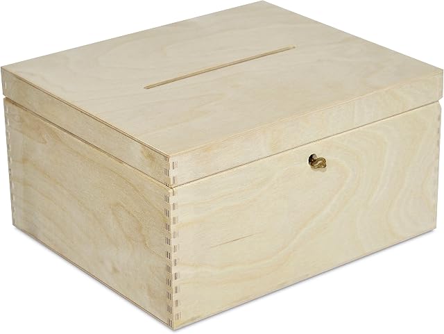Creative Deco Lockable Wooden Wedding Card Box | 29x25x15cm Unpainted Plain Storage Box with Lid | Wood Keepsake Memory Trinket Chest for Post | Perfect for Decoupage Gift Birthdays Arts & Crafts
