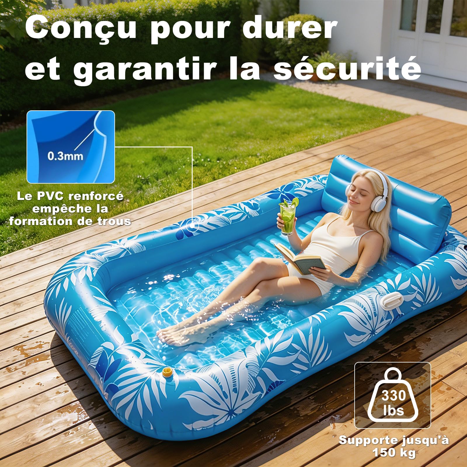 Balakaka Matelas Gonflable Adultes 208×130cm, 4 en 1 Hamac Flottant avec Dossier Tanning Pool avec Porte-Boisson, Design de Pulvérisation d'eau, pour Fêtes de Plage