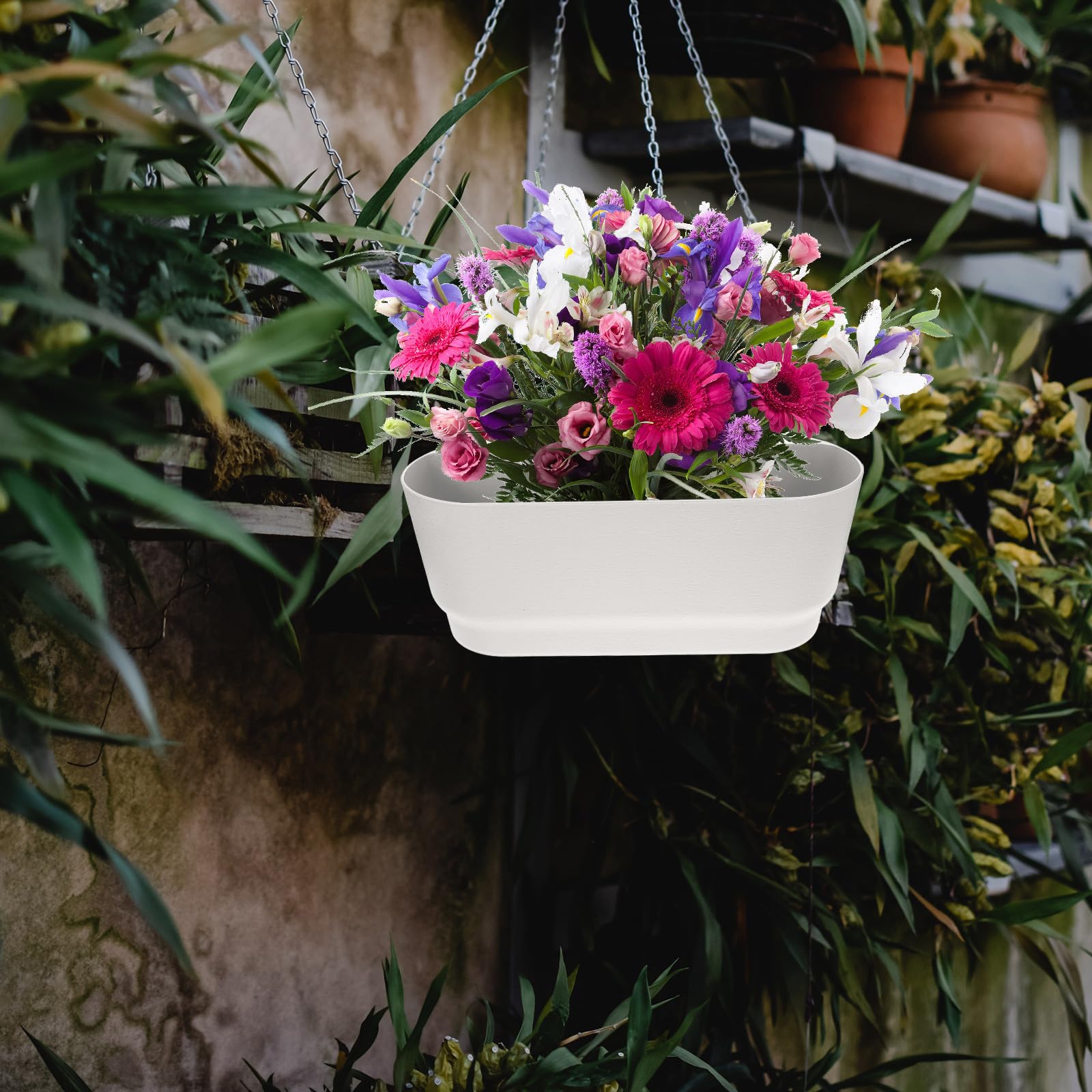 Jardinière Suspendue Pot de Fleurs en Plastique Blanc pour Balcon Design Robuste avec Fente Médiane pour Jardin et Restaurant