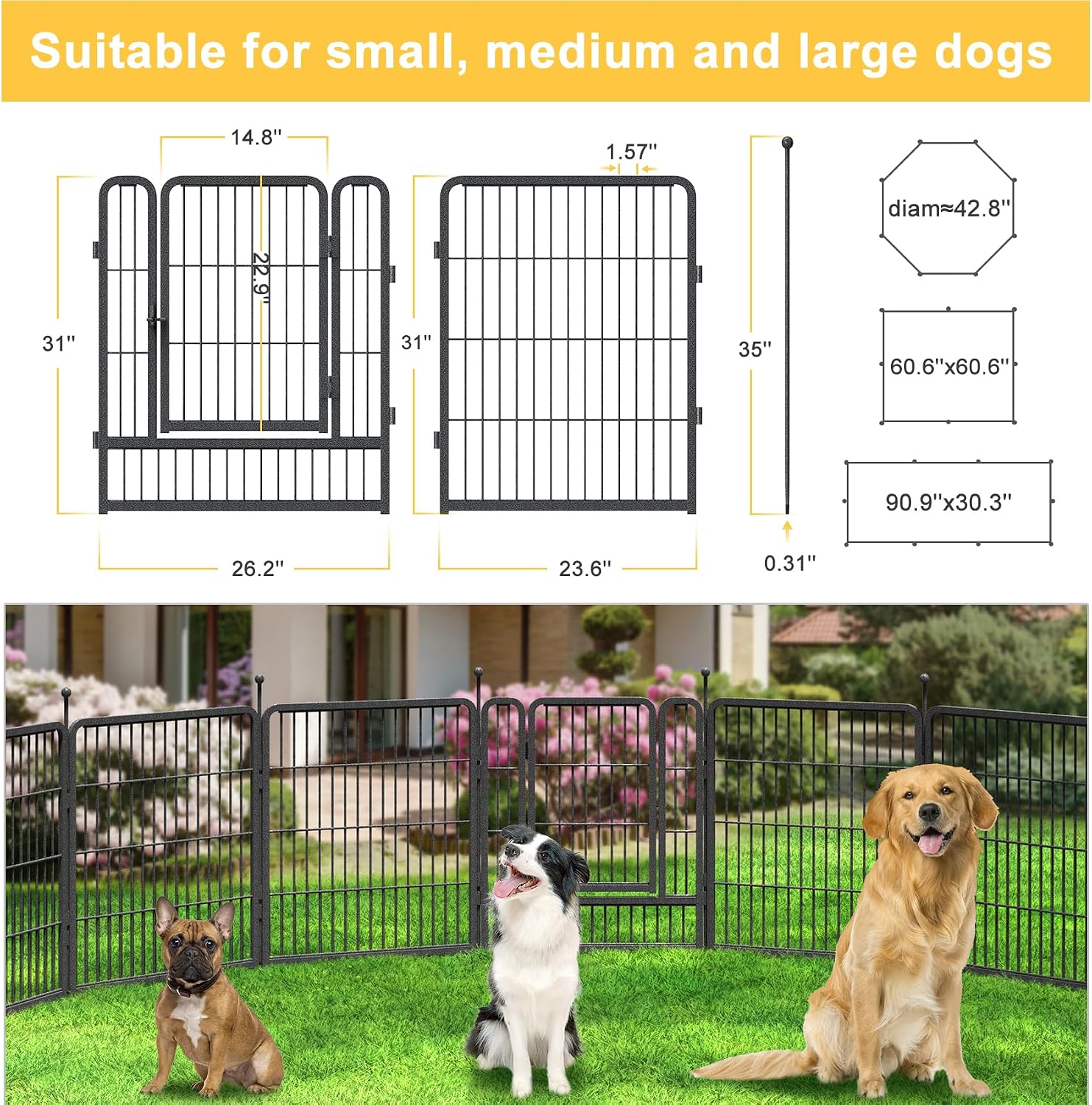 Mr IRONSTONE Dog Playpen with Anti-Rust Surface, Foldable 8/16 Panels 32" Height Dog Fence Exercise Pen, Indoor/Outdoor Puppy Pen Pet Playpen for Small/Medium/Large Dogs