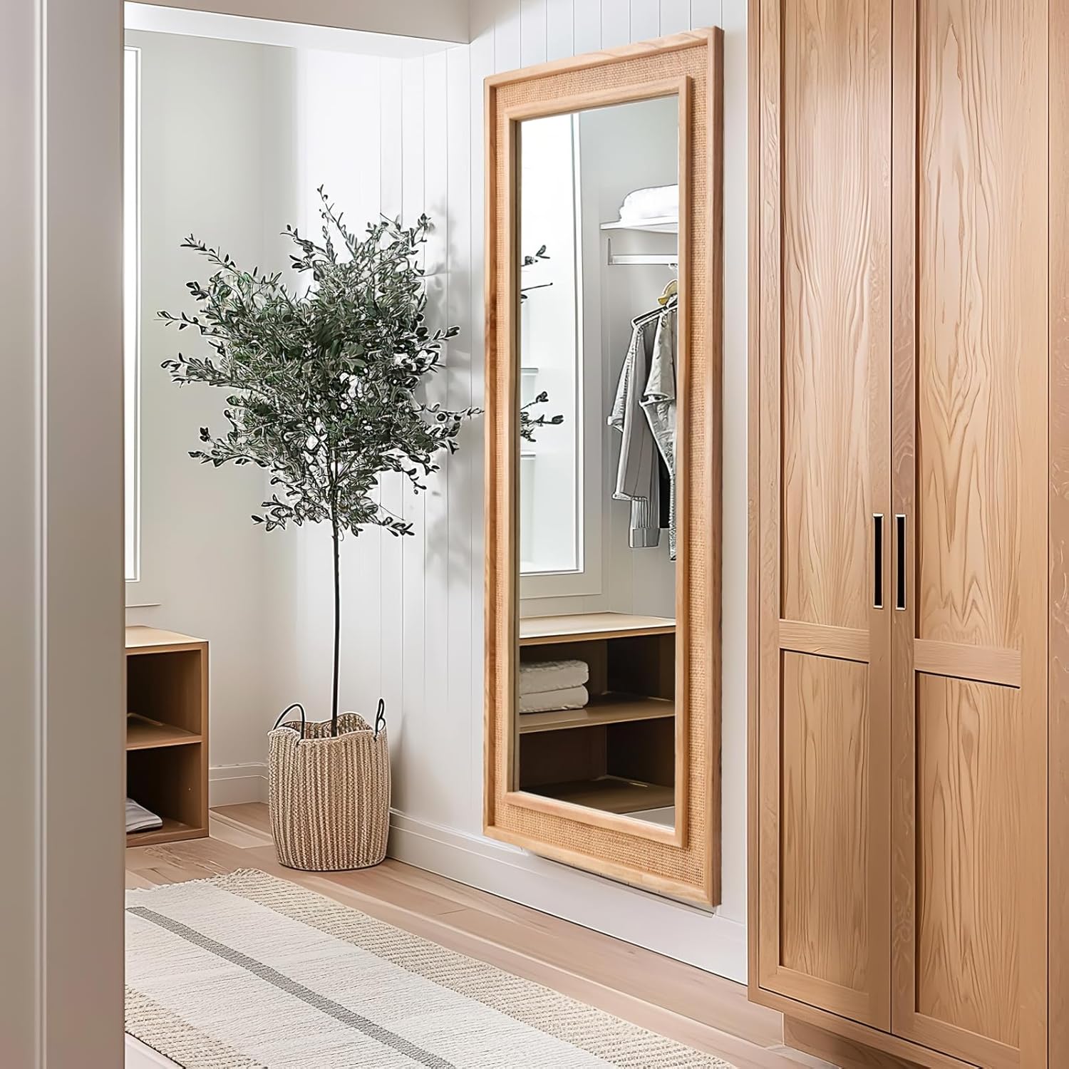 Rattan Full Length Mirror 24"x60" Long Wooden Full Body Mirror Hanging Decorative Farmhouse Rectangle Floor Mirror for Bathroom Living Dressing Room Nature