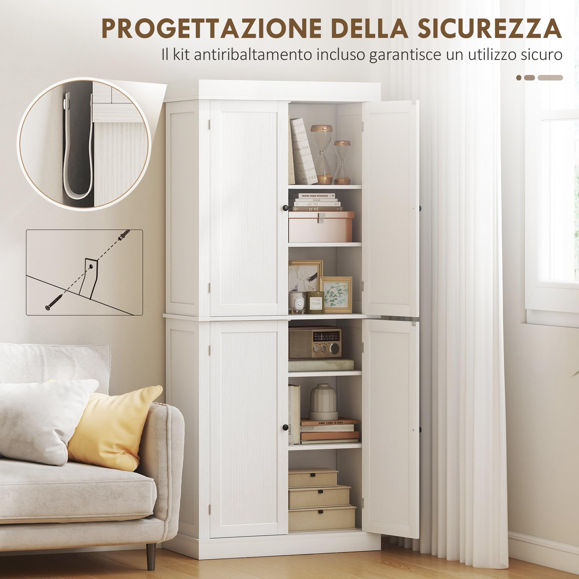HOMCOM Credenza Cucina Alta 184cm, Mobile Dispensa con 4 Ante Chiusura Magnetica, Ripiani Regolabili, Mobile Cucina a 6 Livelli, per Sala da Pranzo Soggiorno, Bianco