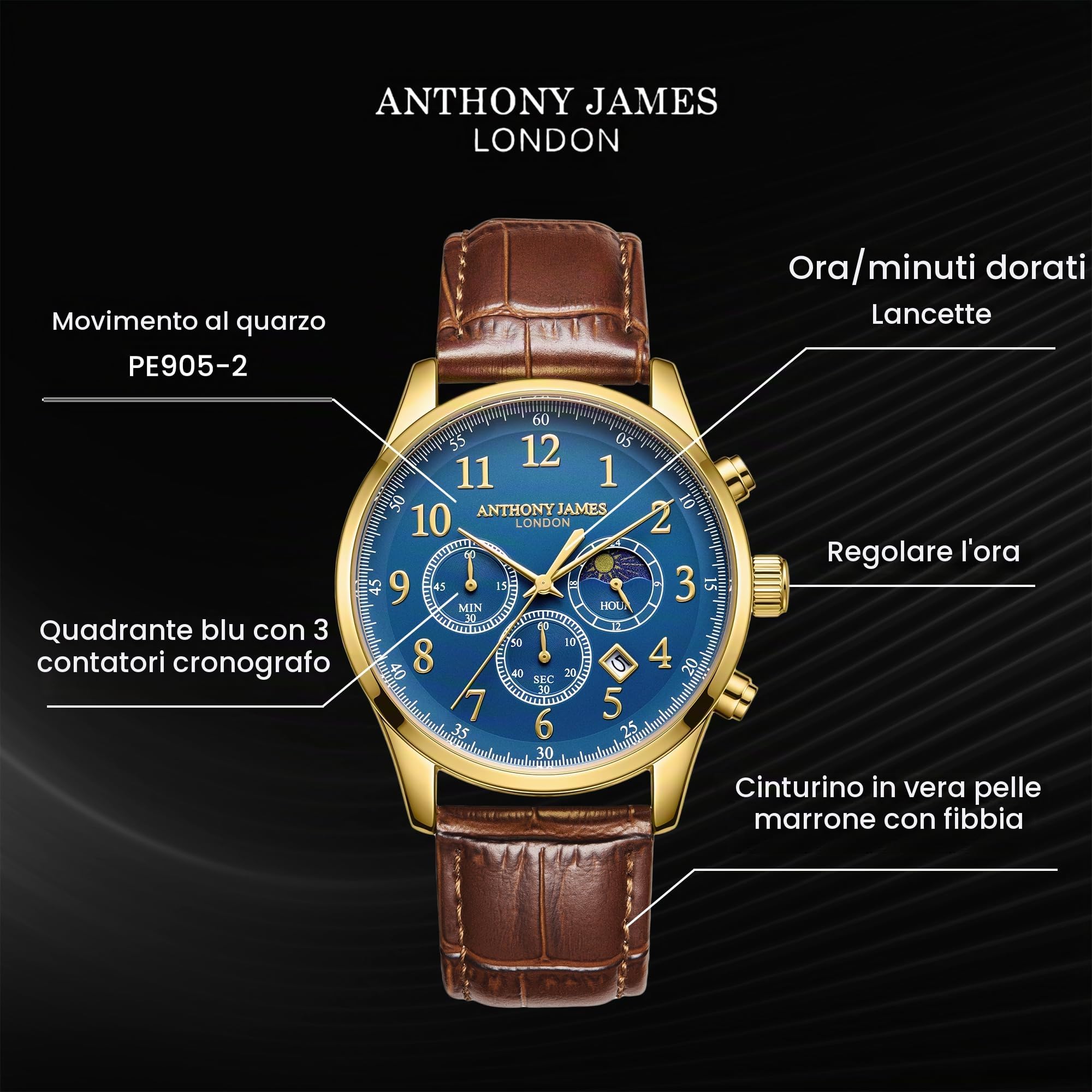 Anthony James Orologio da polso automatico da uomo con fasi lunari, retro in acciaio inox, analogico, cinturino in pelle, cronografo, assemblato a mano, resistente all'acqua e ai graffi