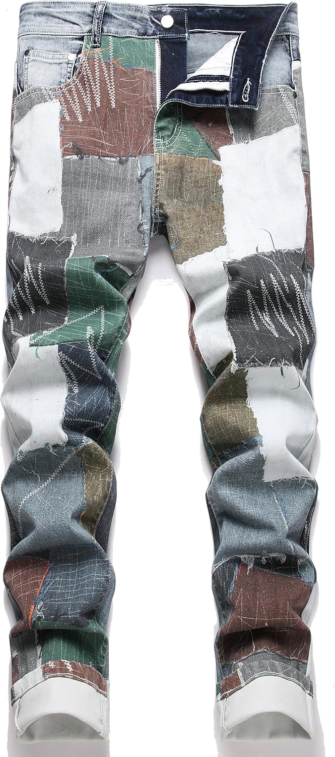 Enrica Men's Casual Printed Jeans Skinny Denim Pants