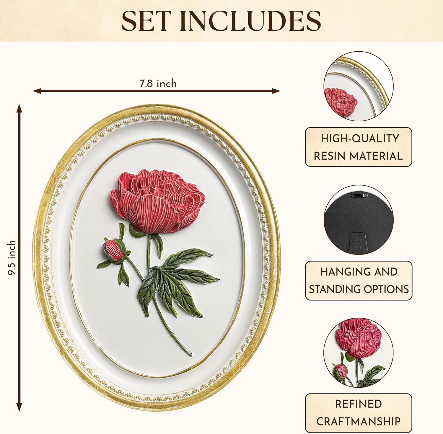 97 Decor Oval Vintage Wall Sculptures For Living Room - Handcrafted 3d Peony Floral Wall Art For Home Bedroom Decorations, Modern Sculpture Flower Art For Tabletop And Walls Hanging