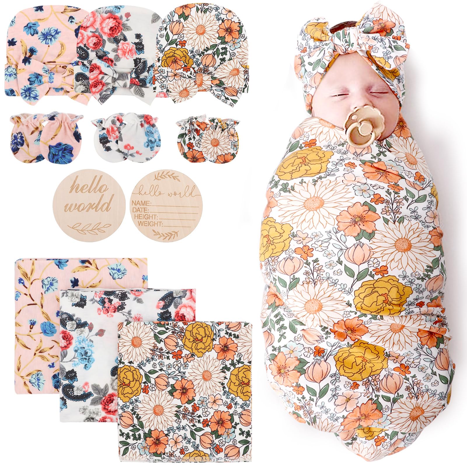 DRESHOW BQUBO Floral Swaddles for Baby Girl Newborn Receiving Blanket with Bow Hat Mittens Wooden Birth Announcement Card Set Baby Floral Print