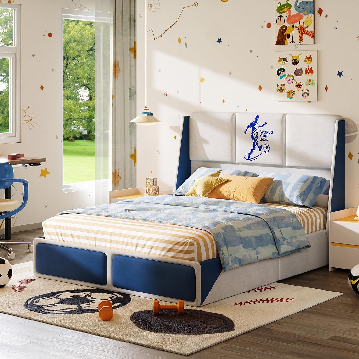 Sports Series Soft Bed Frame, Velvet Queen Size Bed Frame, Queen Bed Adults Bed with High Headboard and Sturdy Platform Bed, Upholstered Soft Bedframe, No Box Spring Needed, White+Blue