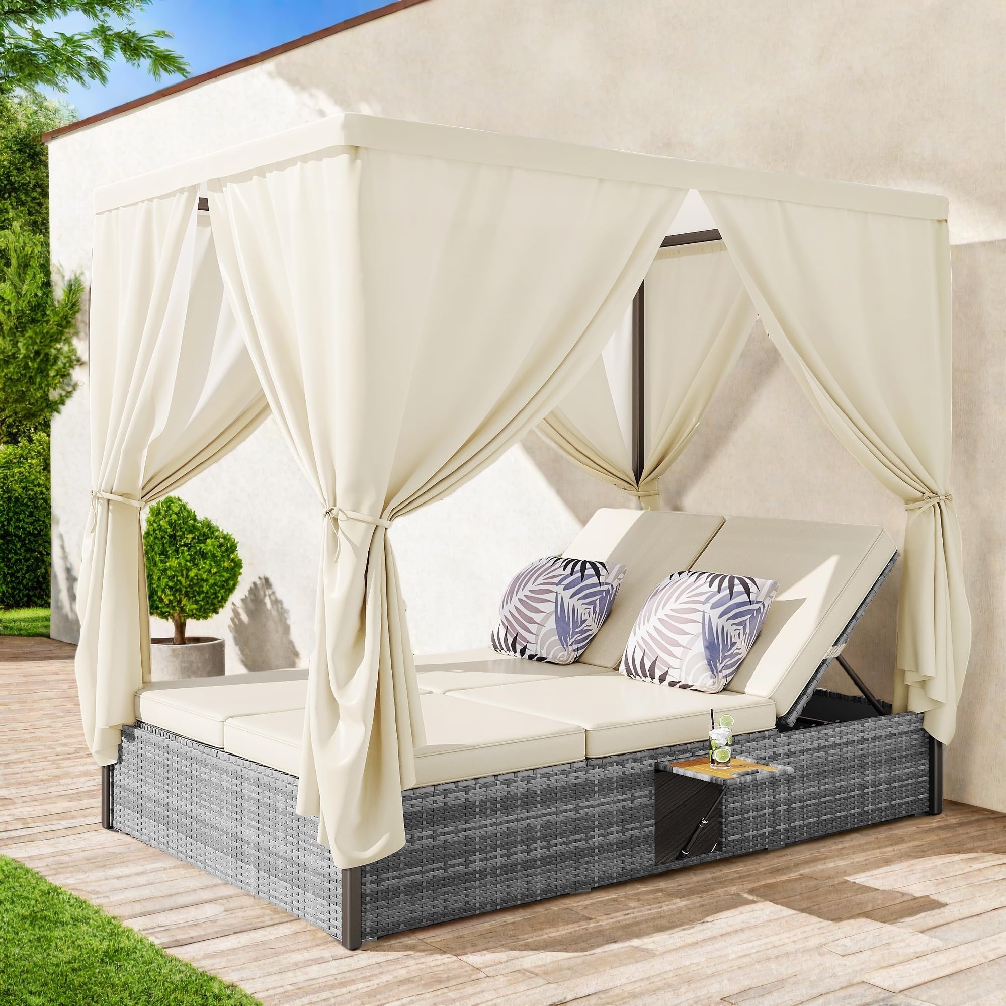 Tumbona de jardín de matrimonio, 187 x 128 x 186 cm, con parasol y cojines con mesa plegable, tumbona de ratán de ángulo ajustable, muebles de salón, terraza y jardín para exteriores