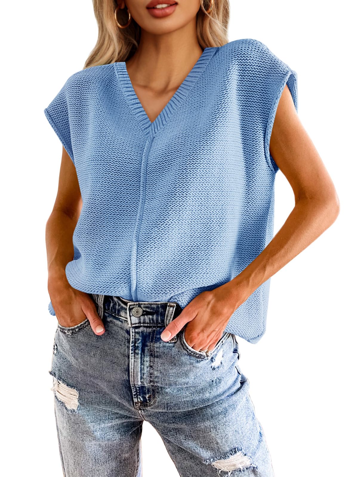 Saodimallsu Women's V Neck Cap Sleeve Lightweight Knit Sweater Top