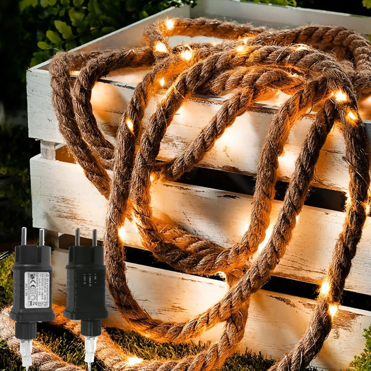 gresonic corde chanvre Guirlande lumineuse LED 80LED 6m de long avec minuterie et prise coton naturel Cordon en jute Couleur blanc chaud Décoration de jardin Éclairage intérieur Décoration de Noël