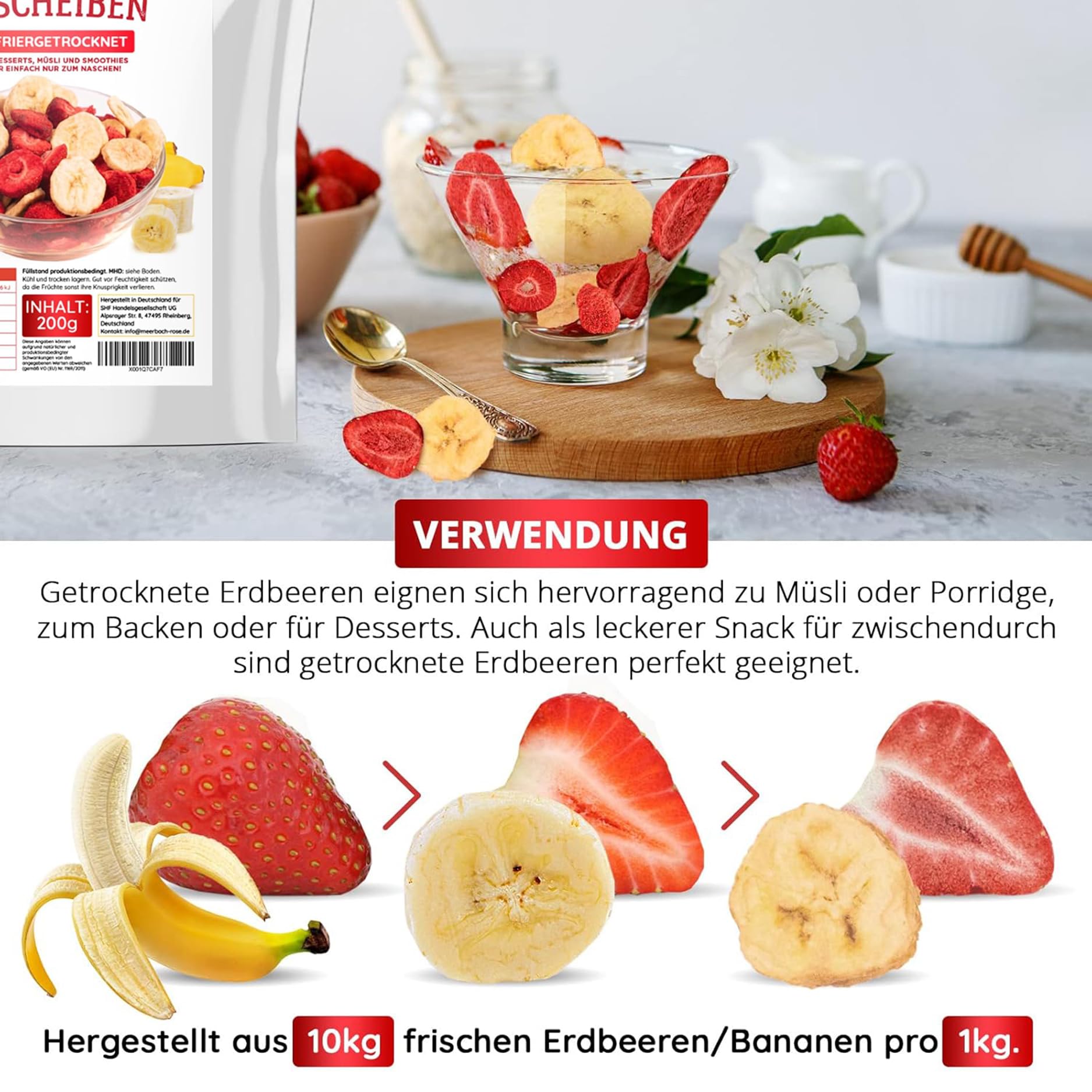 ERDBEER-BANANEN Mix 200g gefriergetrocknete Erdbeeren und Bananen (Packung mit 2)