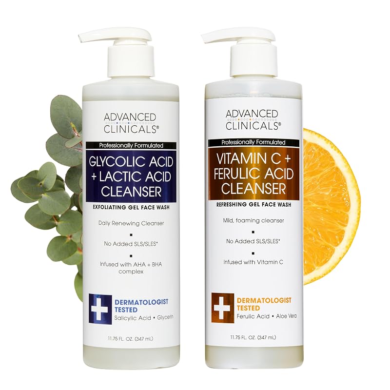 Advanced Clinicals Conjunto com 2 limpadores faciais em gel: ácido glicólico e ácido salicílico, vitamina C, uso AM/PM