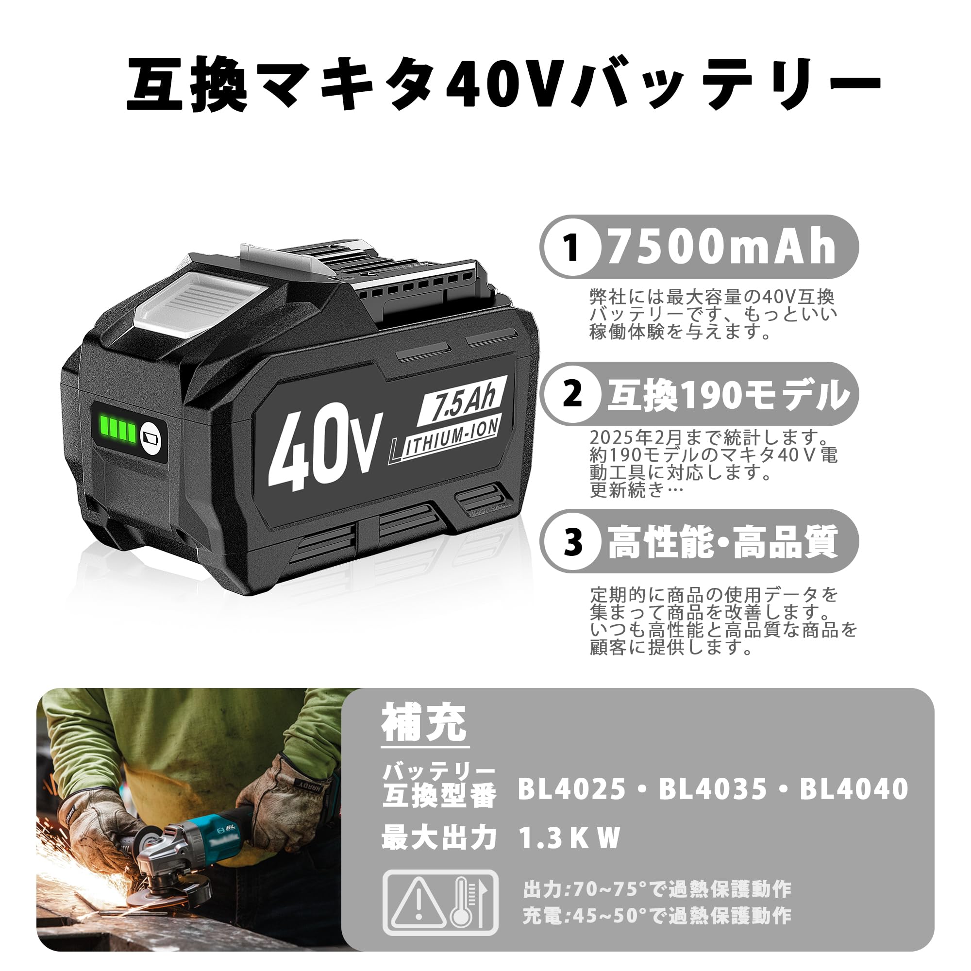 Amazon.co.jp: マキタ40V互換バッテリー 7500mAh BL4025 BL4035 BL4040 