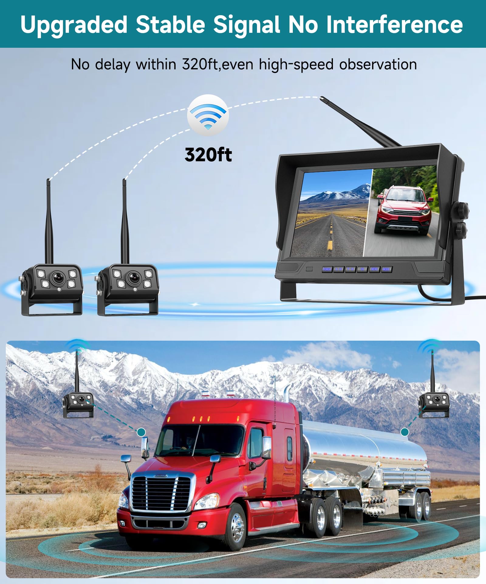 Podofo 2 Caméras De Recul Sans Fil + Écran 9" IPS - HD 720P IP68 Pour Camion, Remorque, Camping-Car - Enregistrement Boucle & BSD