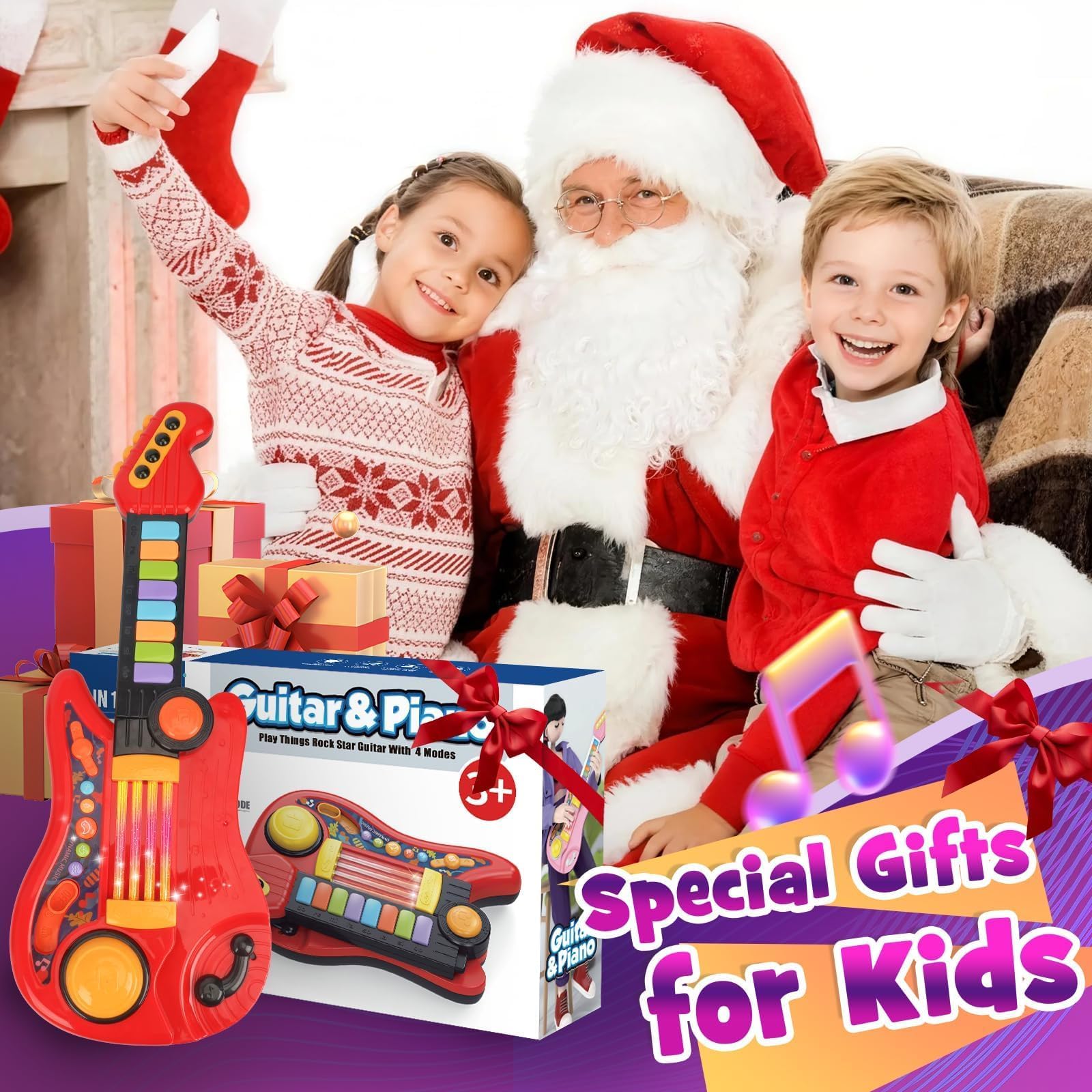 Chitarra Giocattolo per Bambini con Modalità Pianoforte 2-in-1 Strumento Musicale Elettrico Giocattoli Regalo per Ragazzi e Ragazze di 3 4 5 Anni (Rosso)