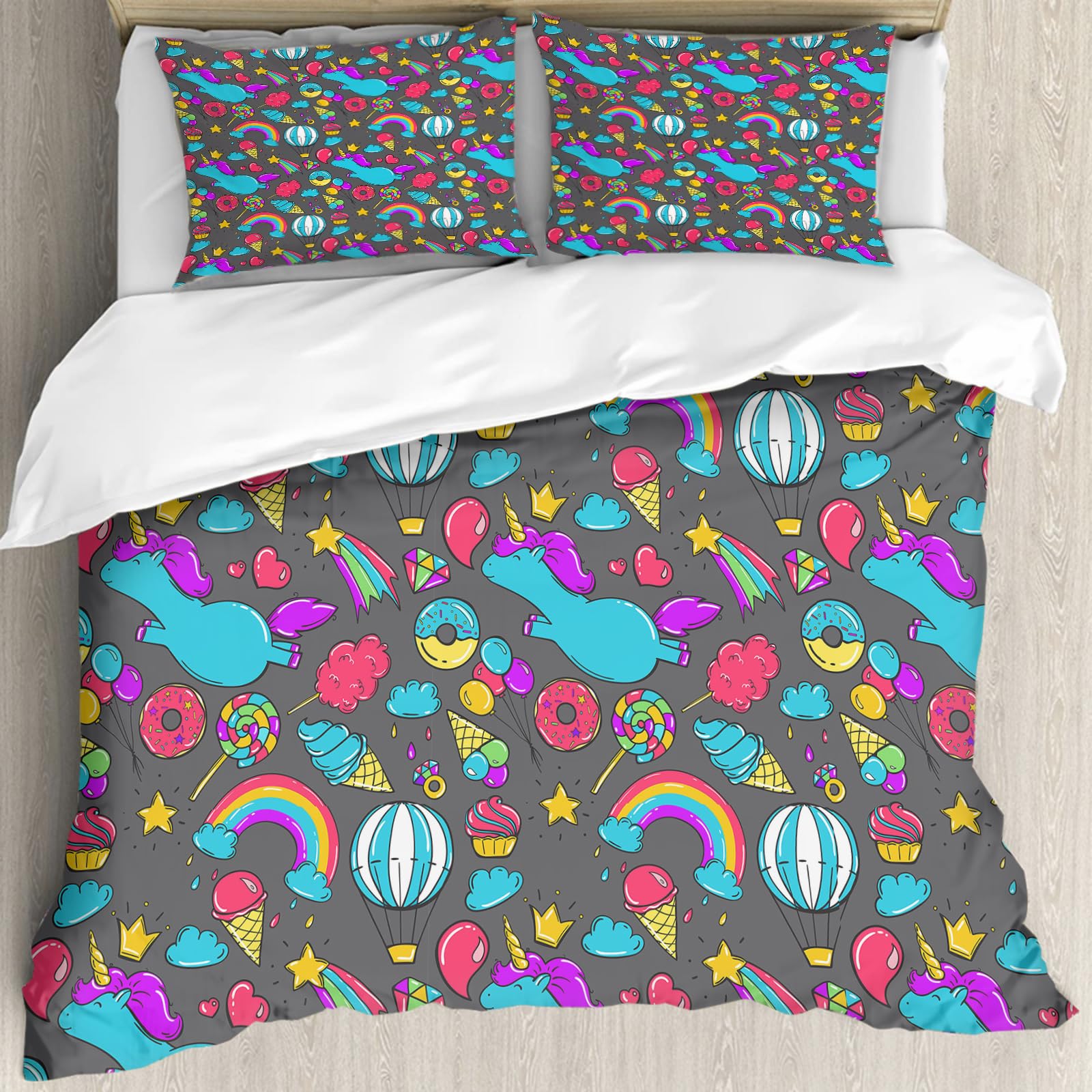 Housse de couette licorne 228x264 cm anti-allergique pour grand lit enfant et parure arc-en-ciel