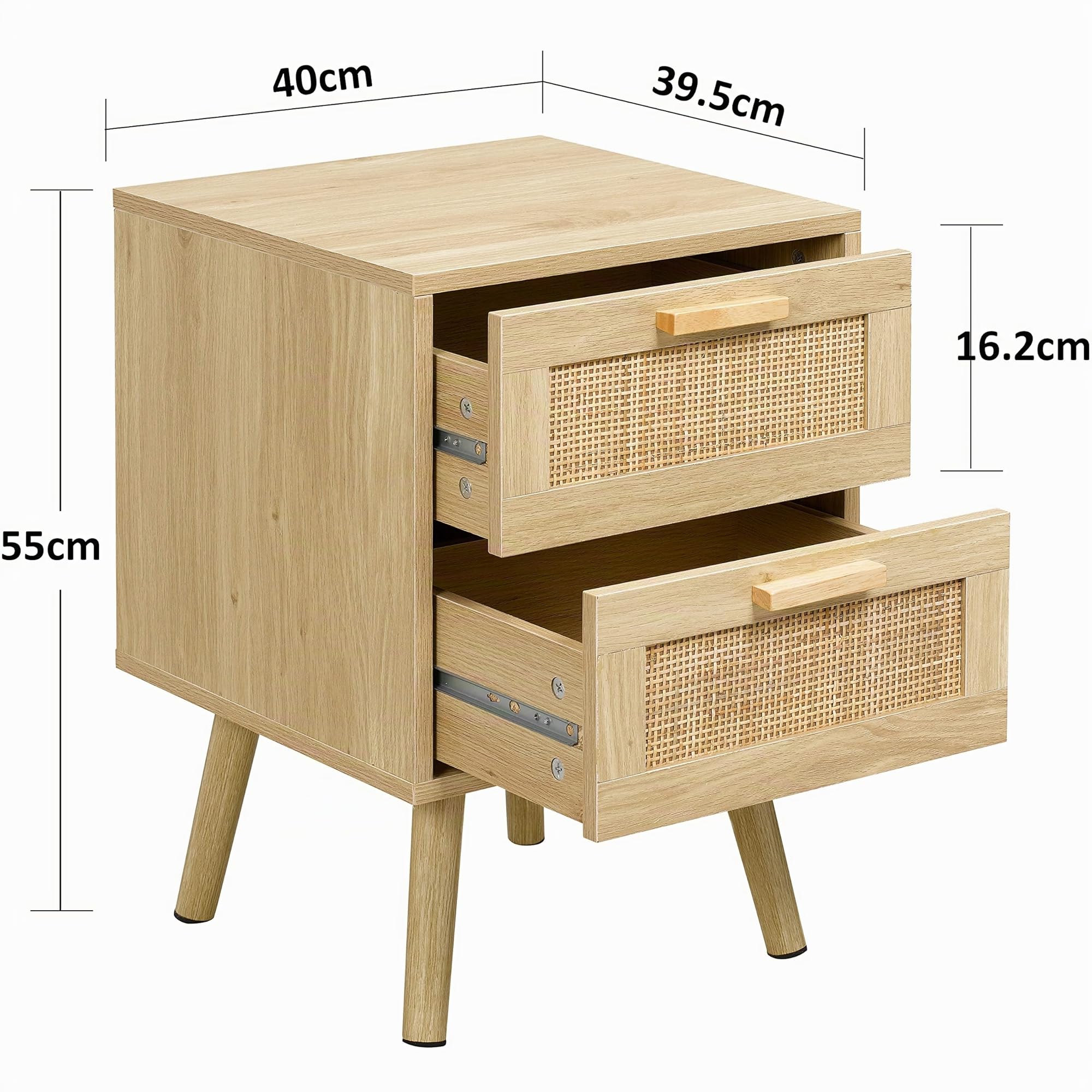Finnhomy Lot de 2 tables de chevet, tables d'appoint avec 2 tiroirs décorés à la main en rotin, en bois, avec rangement pour chambre à coucher, naturel