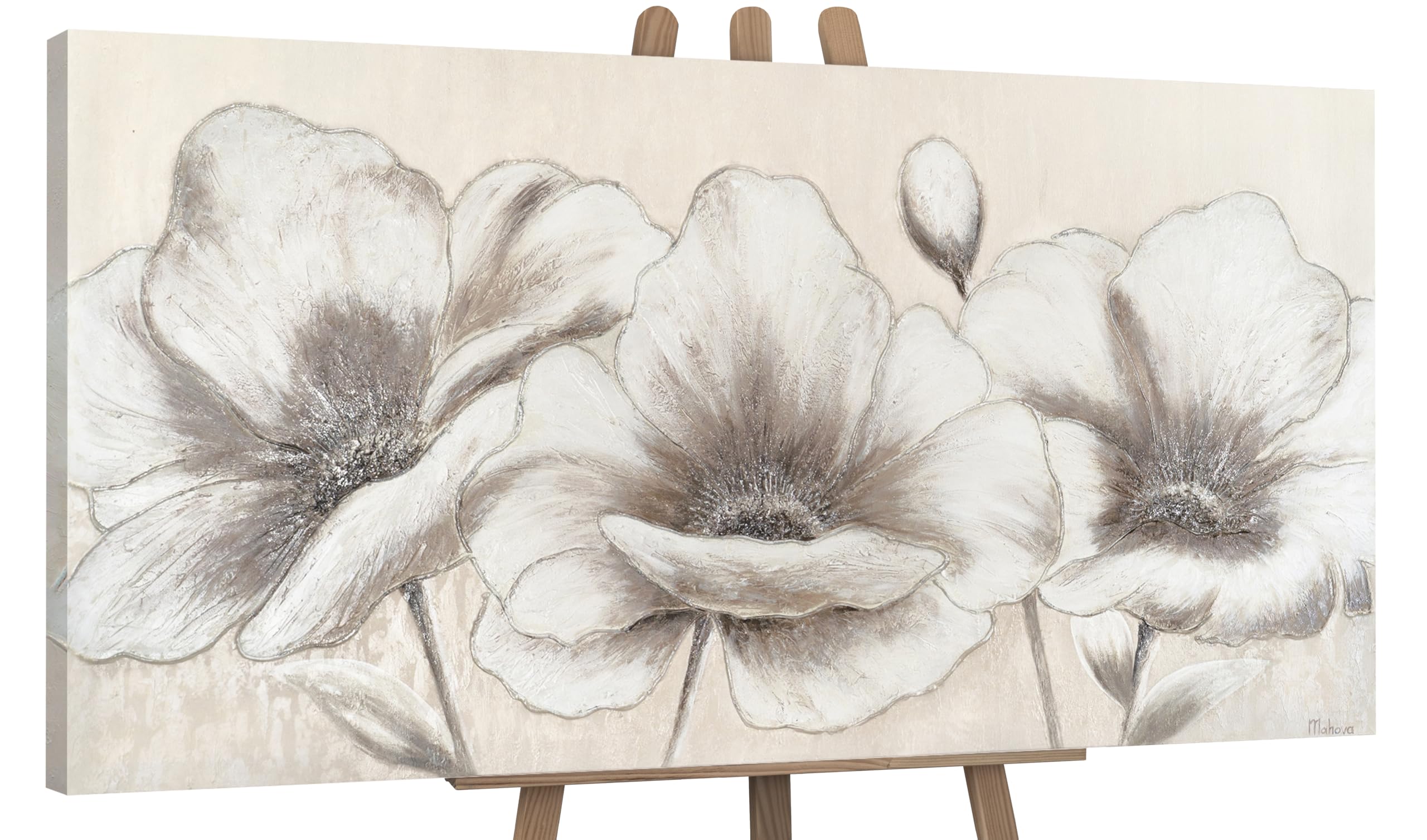 YS-Art Beige Cream Taupe Floral Abstract Painting – Original Handmade Textured Artwork on Canvas, Modern Neutral Art for Office or Dining Interior 40x20 inch
