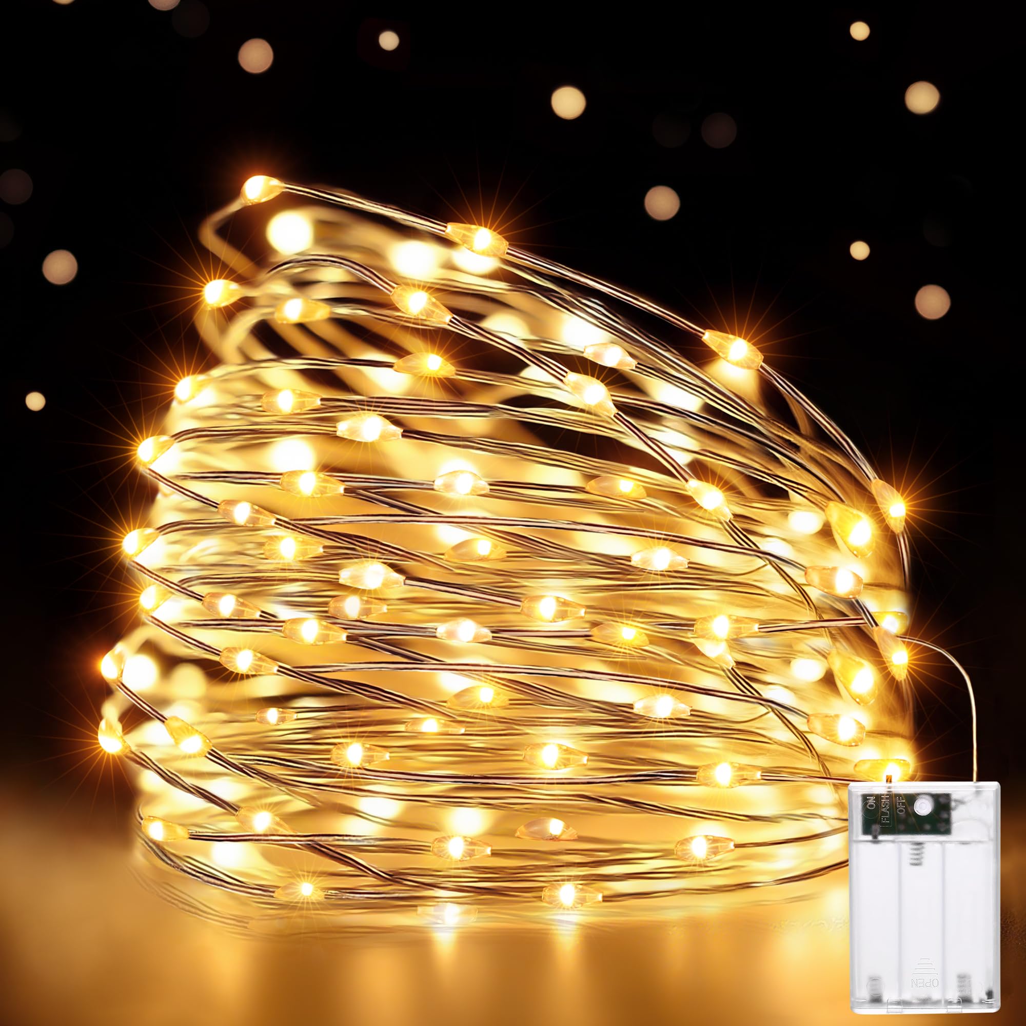 HeiPard Lichterkette Batterie 10m 100 LED, klein Lichterketten kupferdraht Innen Batteriebetrieben, 2 Modi für Garten Hochzeit Party Weihnachten Halloween Beleuchtung Deko (Warmweiß, 1 Stück)