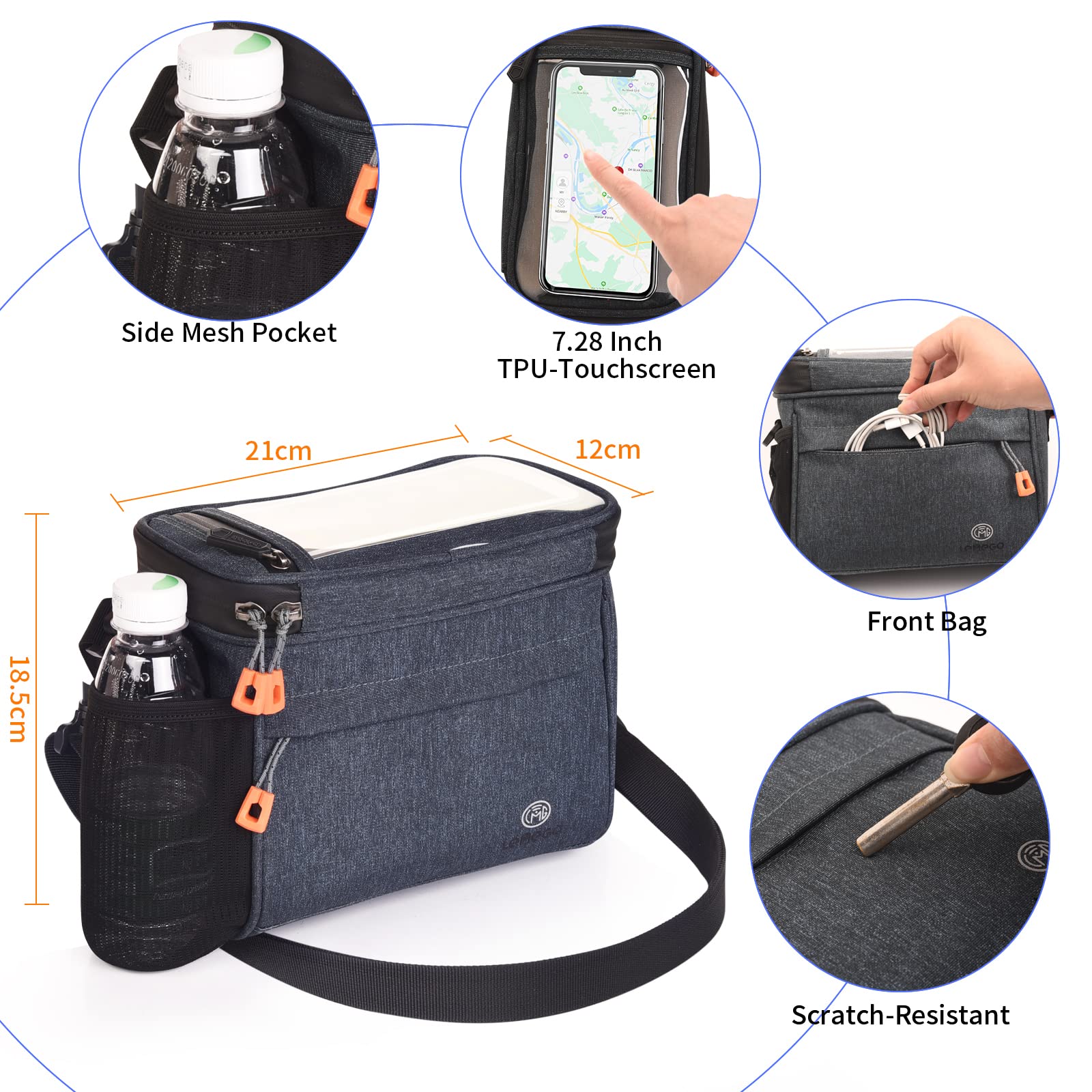 Borsa per manubrio da 4,2 l, impermeabile, con touchscreen, tasca anteriore per bicicletta, con tasca in rete, tasca frontale per bicicletta, supporto per cellulare con tracolla per tutti i telefoni