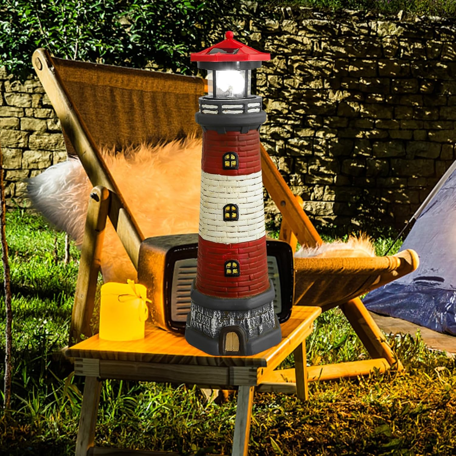 Cabilock Solar Lighthouse Lights-Solar Lighthouse Lamp Statue Outdoor Decorative for Garden Patio Well Cover Yard Lawn Red