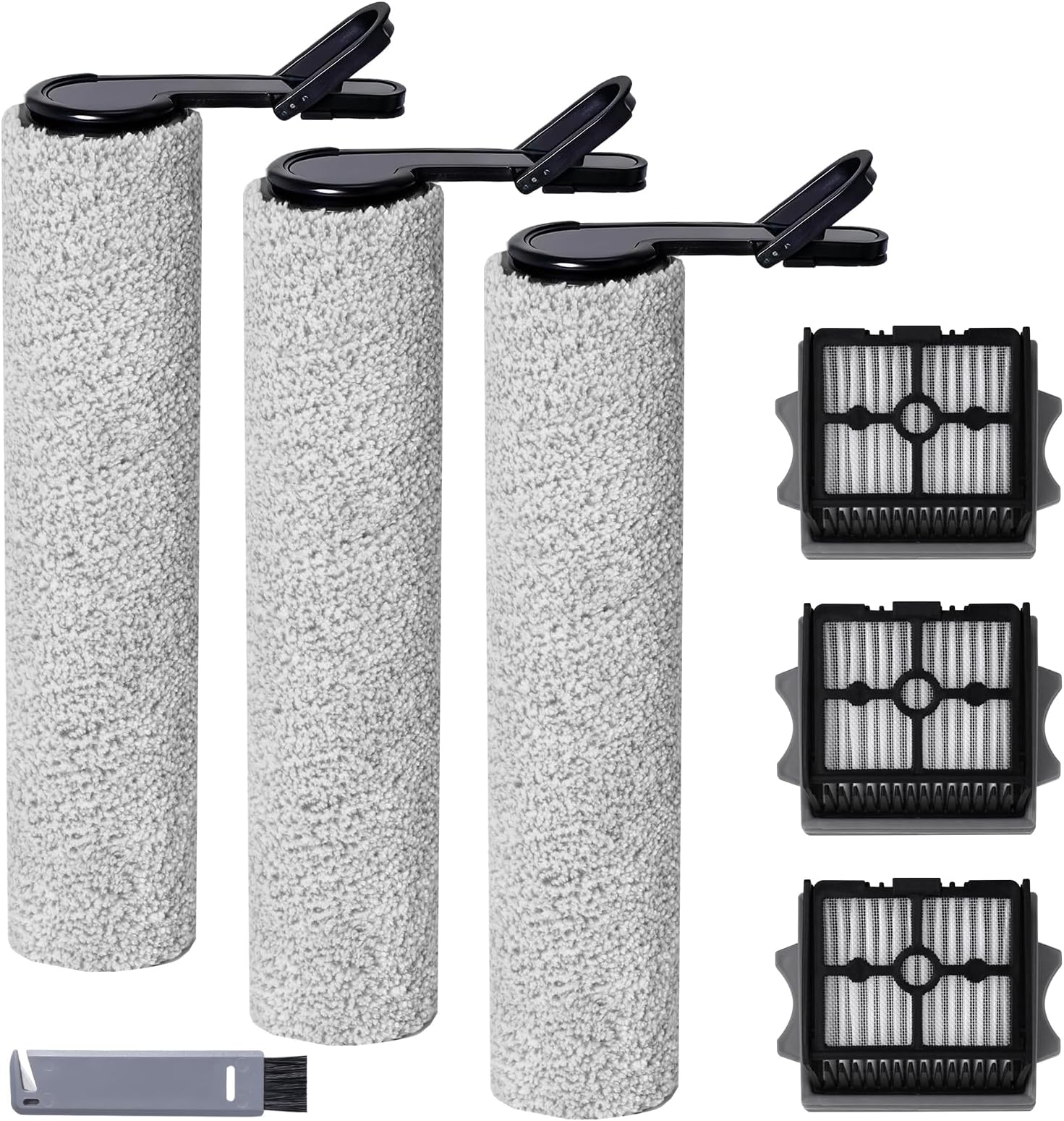 Roller Brush and Filter Replacement Compatible with Tineco Floor One Stretch S6 Cordless Vacuum Cleaner, Replacement Parts Include 3 Brush Rollers, 3 Filters
