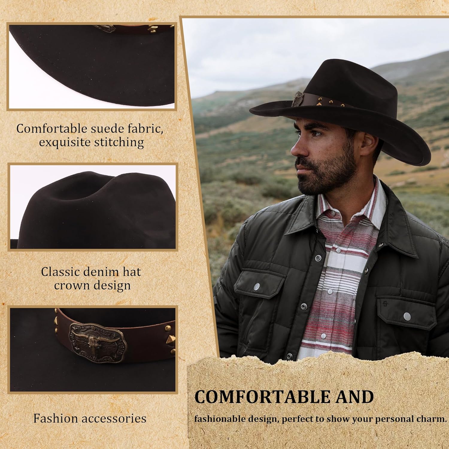 Cowboy Hat for Women Men Black Cowgirl Hat Men Western Suede Hats for Cowboys and Cowgirls Classic Felt Cowgirls Hat - Image 3