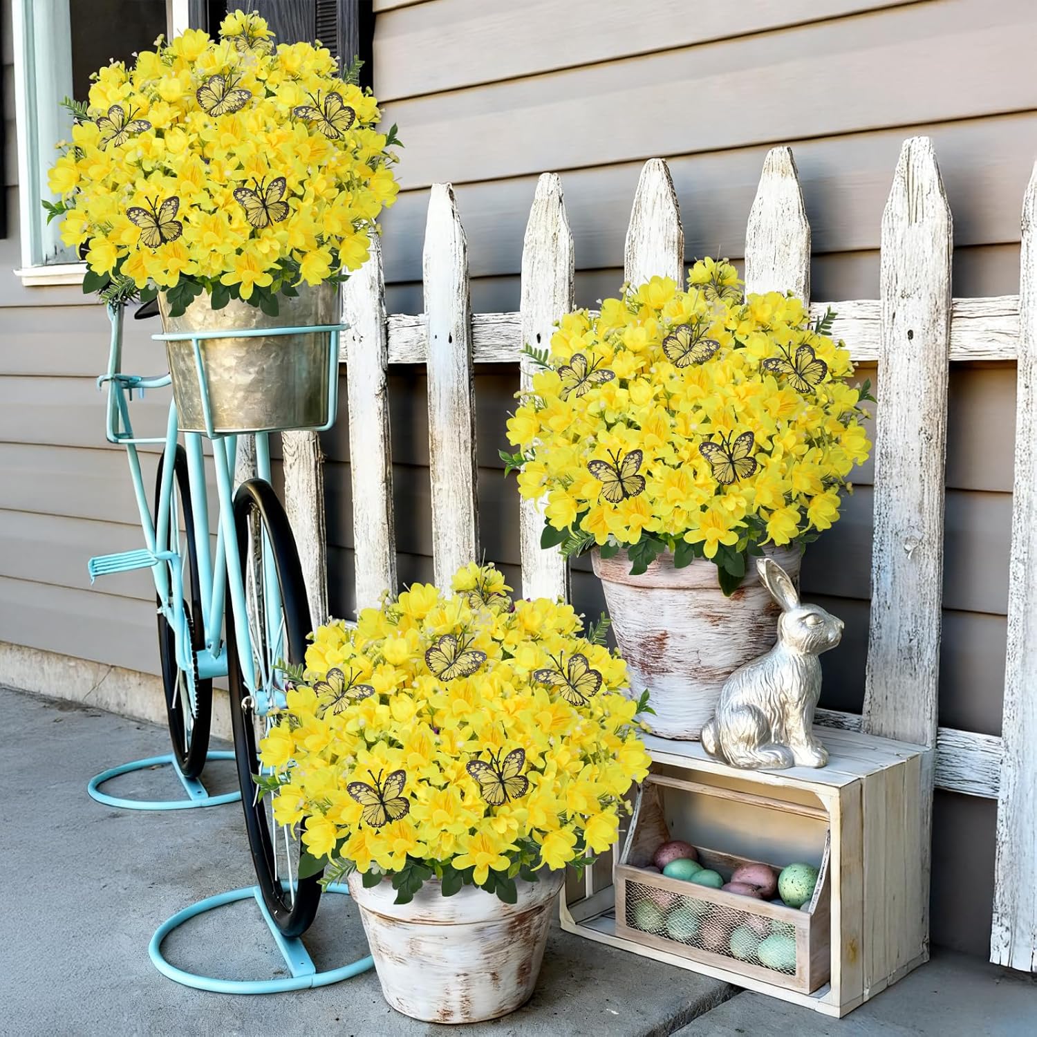 10 Bundles Artificial Daffodil Flowers, 17.7" UV Resistant Yellow Silk Flower Arrangements with Butterflies, Spring Fake Flowers for Home Wedding Party Easter Cemetery Decoration
