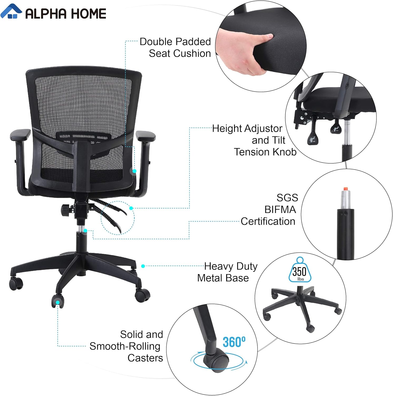 Thumbnail 6 de ALPHA HOME Silla de oficina ergonómica 🪑 - Soporte lumbar ajustable