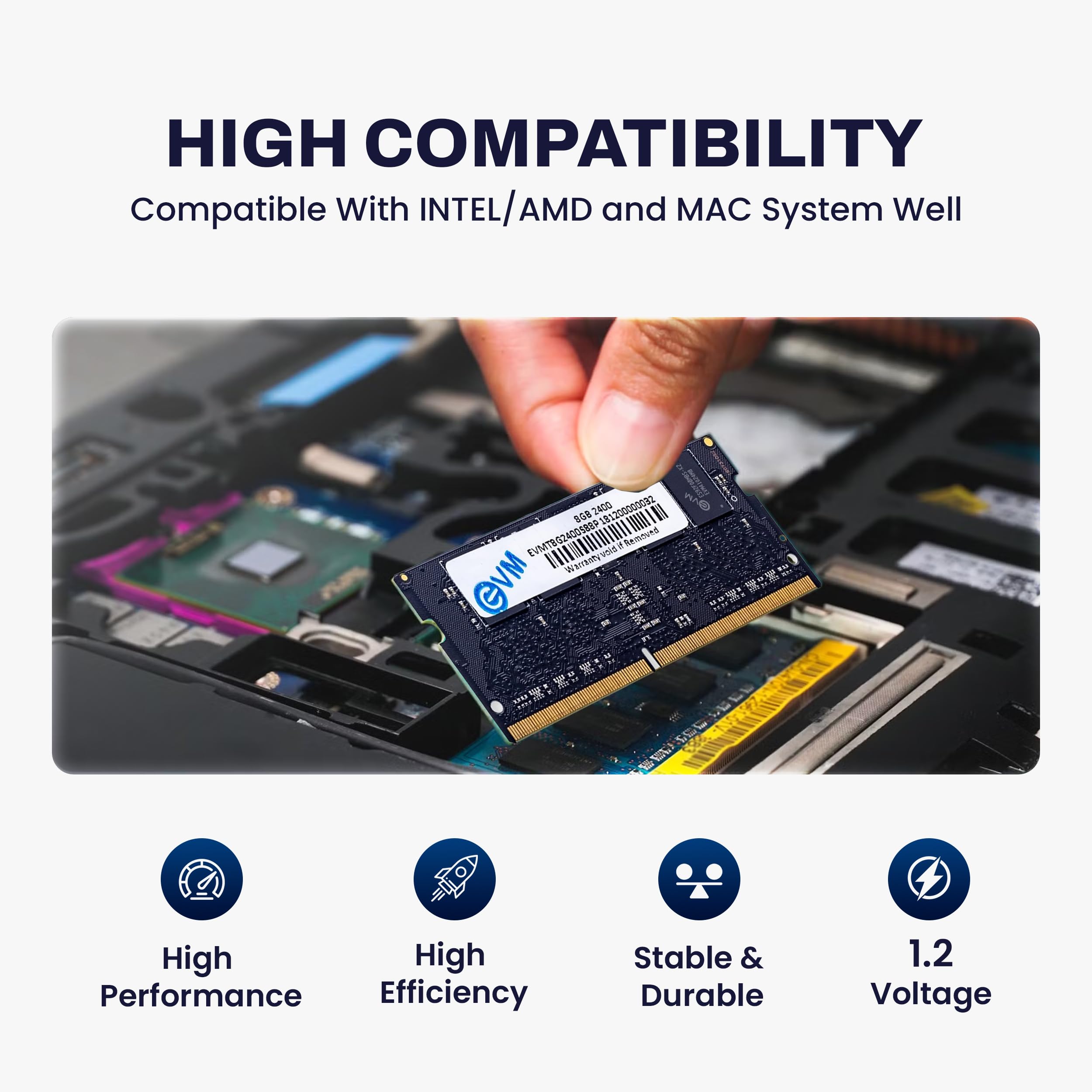 EVM 8GB DDR4 Laptop RAM 2400MHz So-DIMM Update Your Desktop's Performance  with 10-Year Warranty (EVMT8G2400S88P)