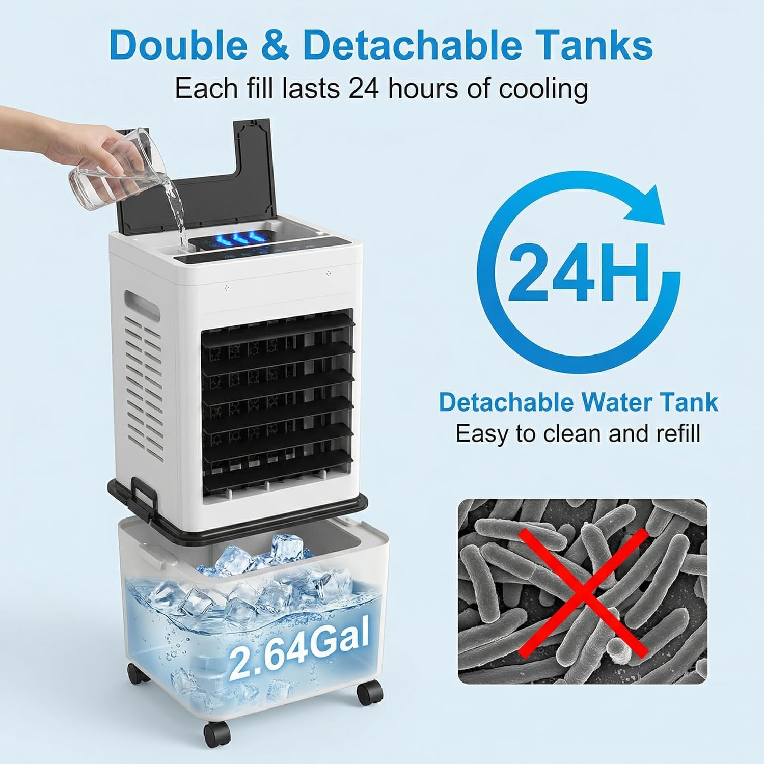 Fullwatt Swamp Cooler with Night Light, 6 Speeds Windowless Portable Air Conditioner with Remote, 24H Timer, 4 in 1 Evaporative Air Cooler with 2.64 Gal Detachable Water Tank for Bedroom, Office