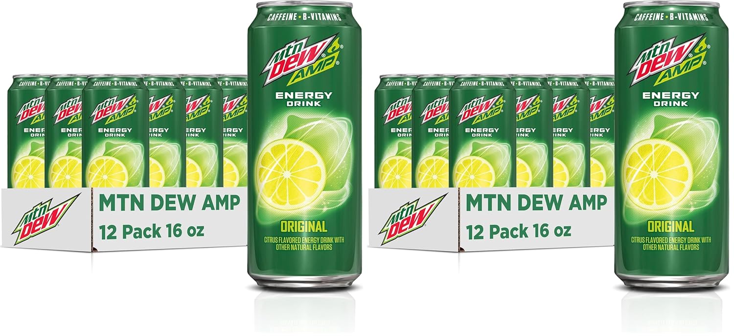 Mtn Dew AMP Energy,Original,Energy Drink with Caffeine,B Vitamins,16 fl oz cans,(Pack of 24)