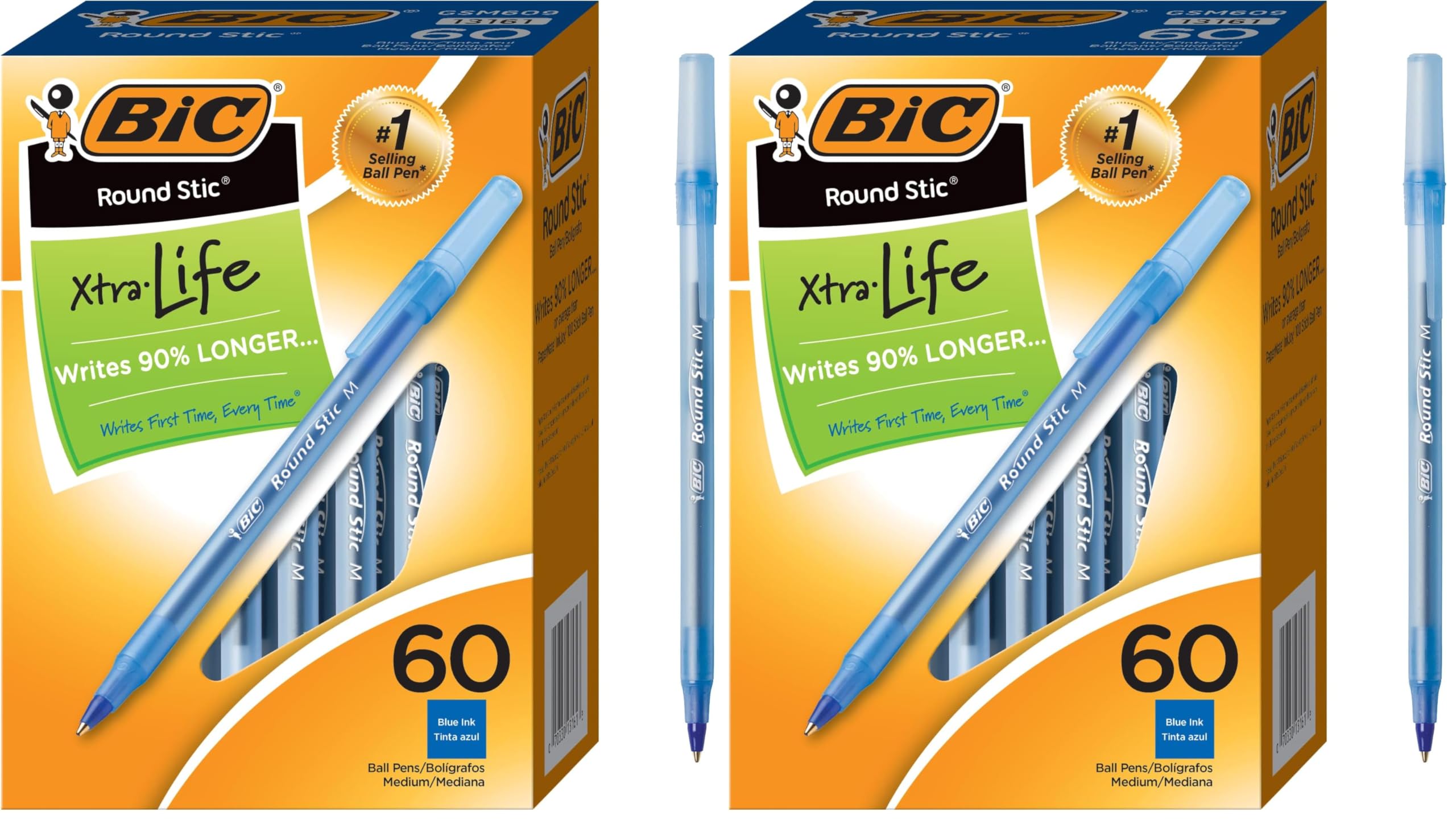 BIC Round Stic Xtra Life Blue Ballpoint Pens, Medium Point (1.0mm), 60-Count Pack of Bulk Pens, Flexible Round Barrel for Writing Comfort, No. 1 Selling Ballpoint Pens (Pack of 2)