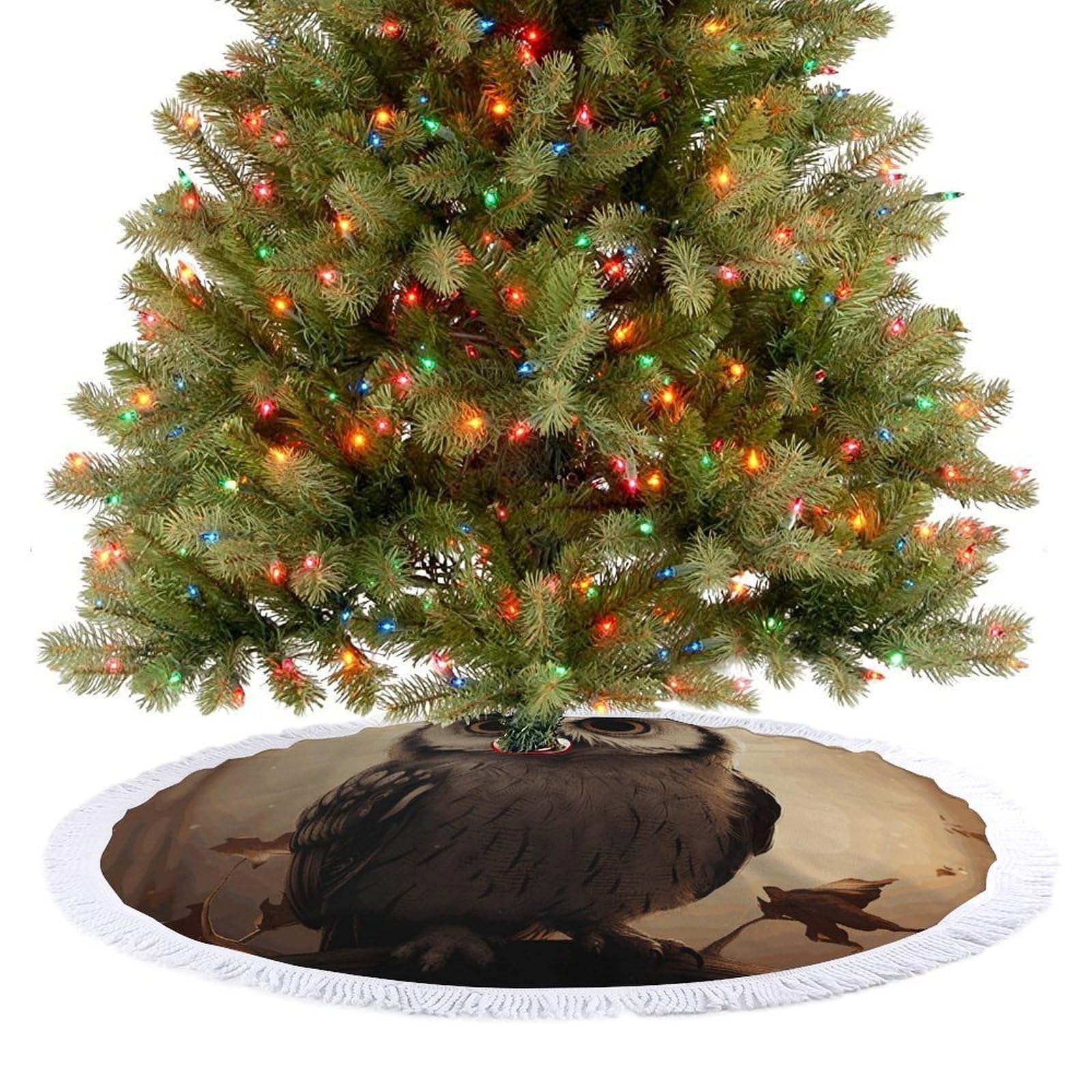 Cute Owl Christmas Tree Skirt 48"x48" Rustic Xmas Tree Mat with Tassel Ornament Christmas Trees Cover Skirt Mat for Evergreen Trees Ornament Winter Holiday Mats Decorations