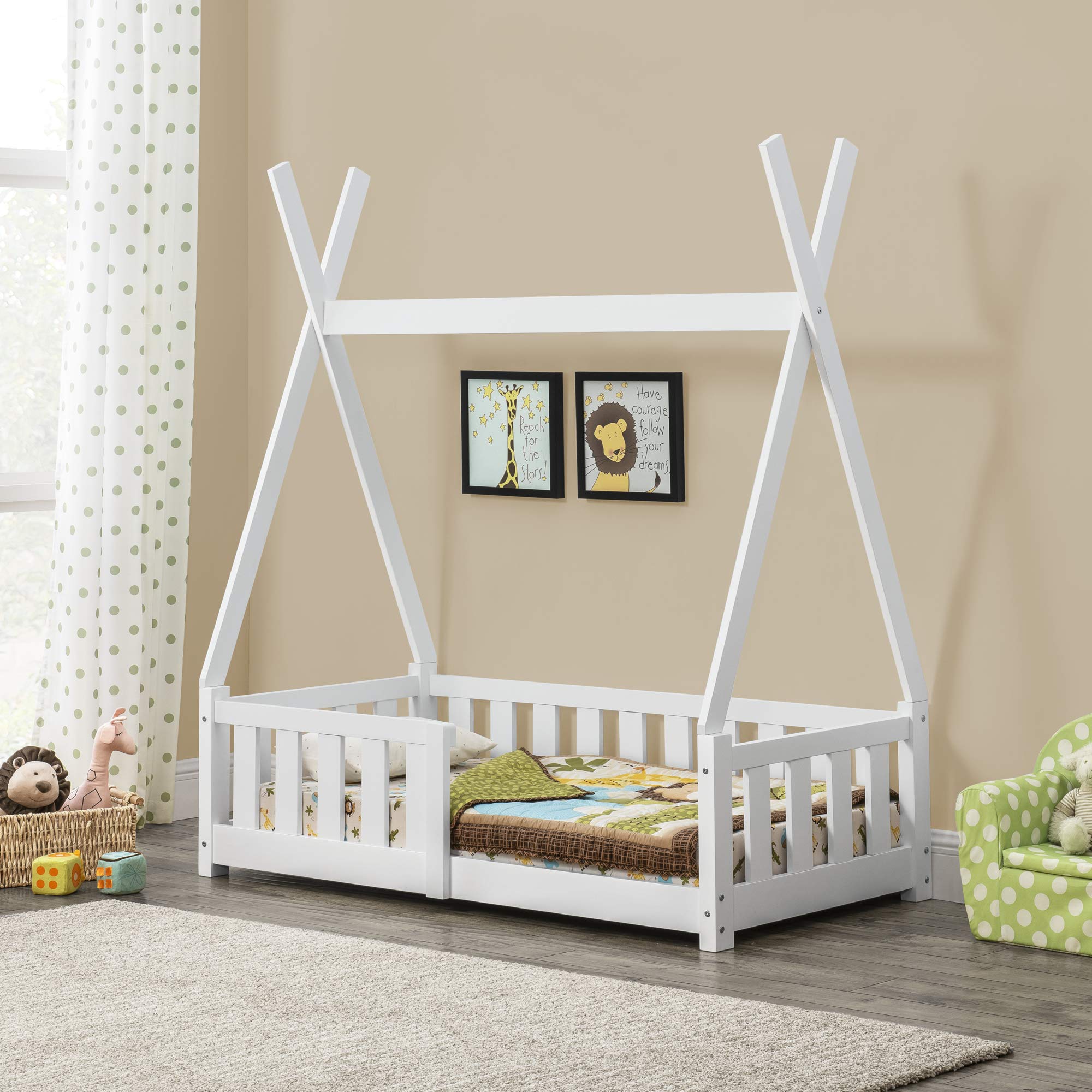[en.casa] Letto per Cameretta a Forma di Capanna con Sponde Anticaduta Lettino Tipi per Bimbi Design Montessori Legno di Pino 70x140 cm Bianco