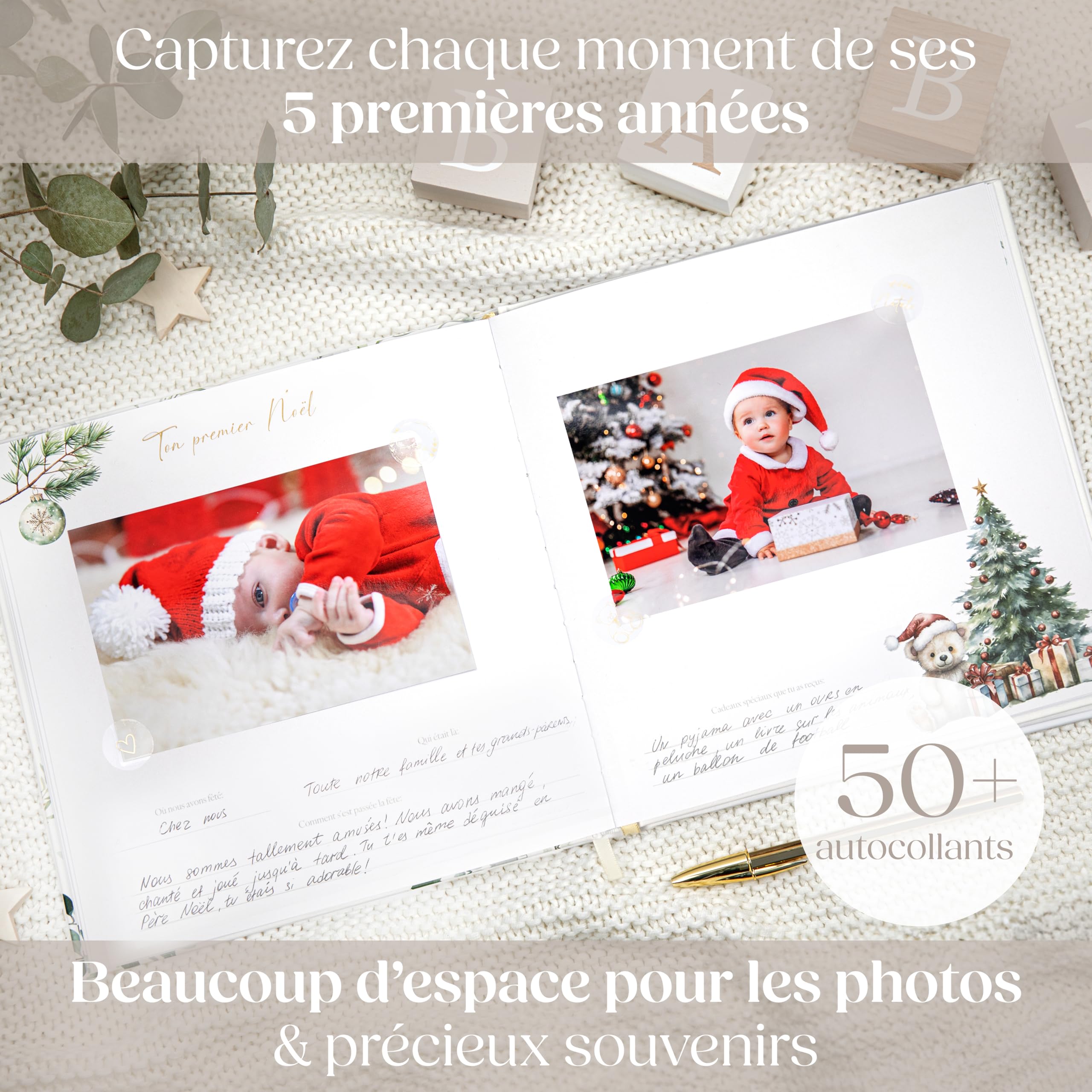 Wellode Livre de Naissance Bébé avec 76 Pages et Stickers Dorés - Album de Naissance et Livre Souvenir Bébé pour Coller des Photos et Écrire - Idéal Cadeau Naissance Fille et Garçon - 5