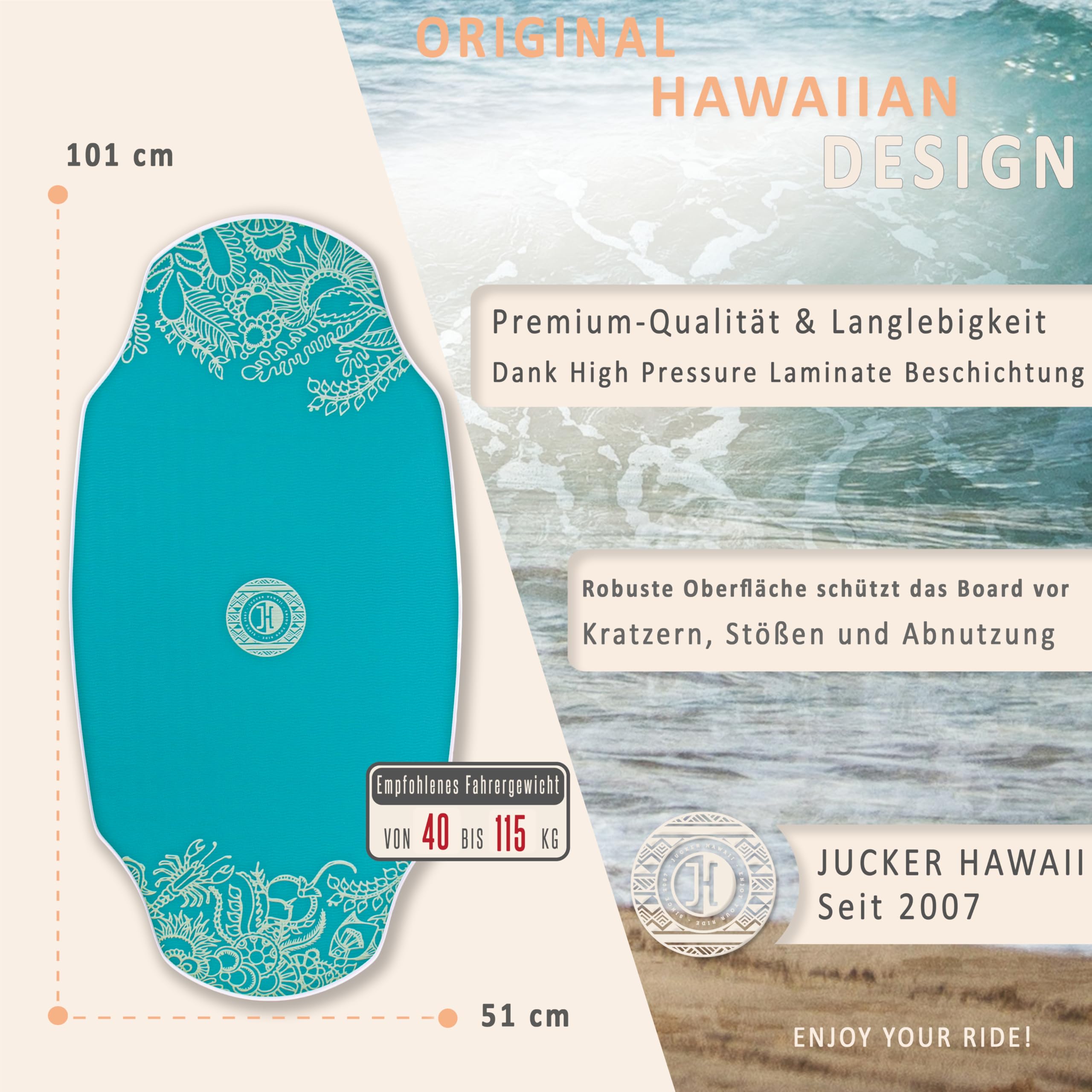 JUCKER HAWAII Skimboard HPL AKA Blue Pro – Tabla de esquí profesional con revestimiento HPL de doble cara y capa antideslizante EVA, tabla de esquí de gama alta – Ultra rápida, duradera y soporta