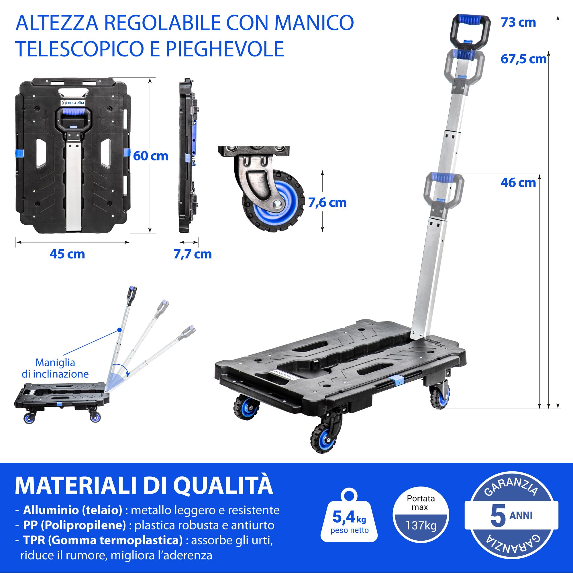 HOSTRÖM Carrello con ruote, Carrello portaoggetti pieghevole, demenagement, trasporto materiale, maniglia telescopica, carico max. 137 kg, garanzia 5 anni.