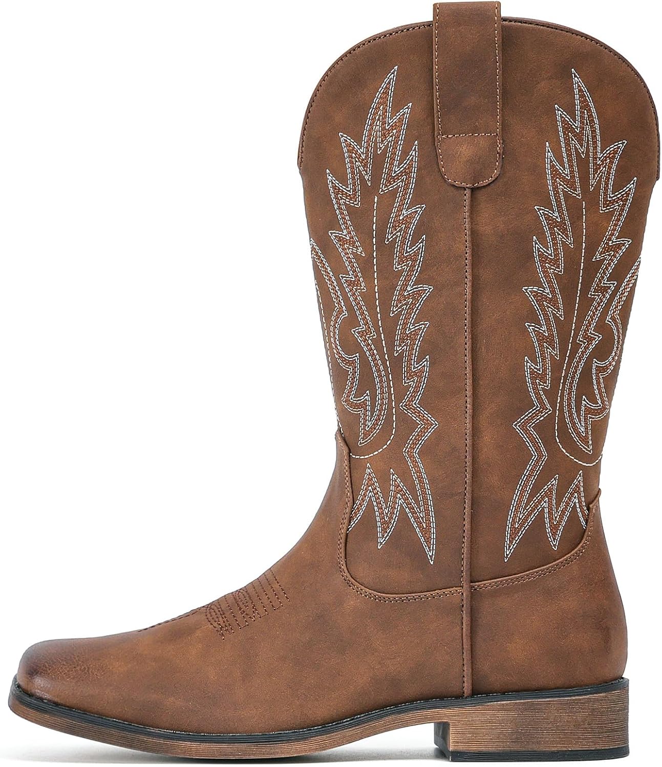 IUV Cowboy Boots For Women Square Toe Wide Western Boots Mid Calf Cowgirl Boots Pull On Embroidered Brown Cowboy Boots - Image 4